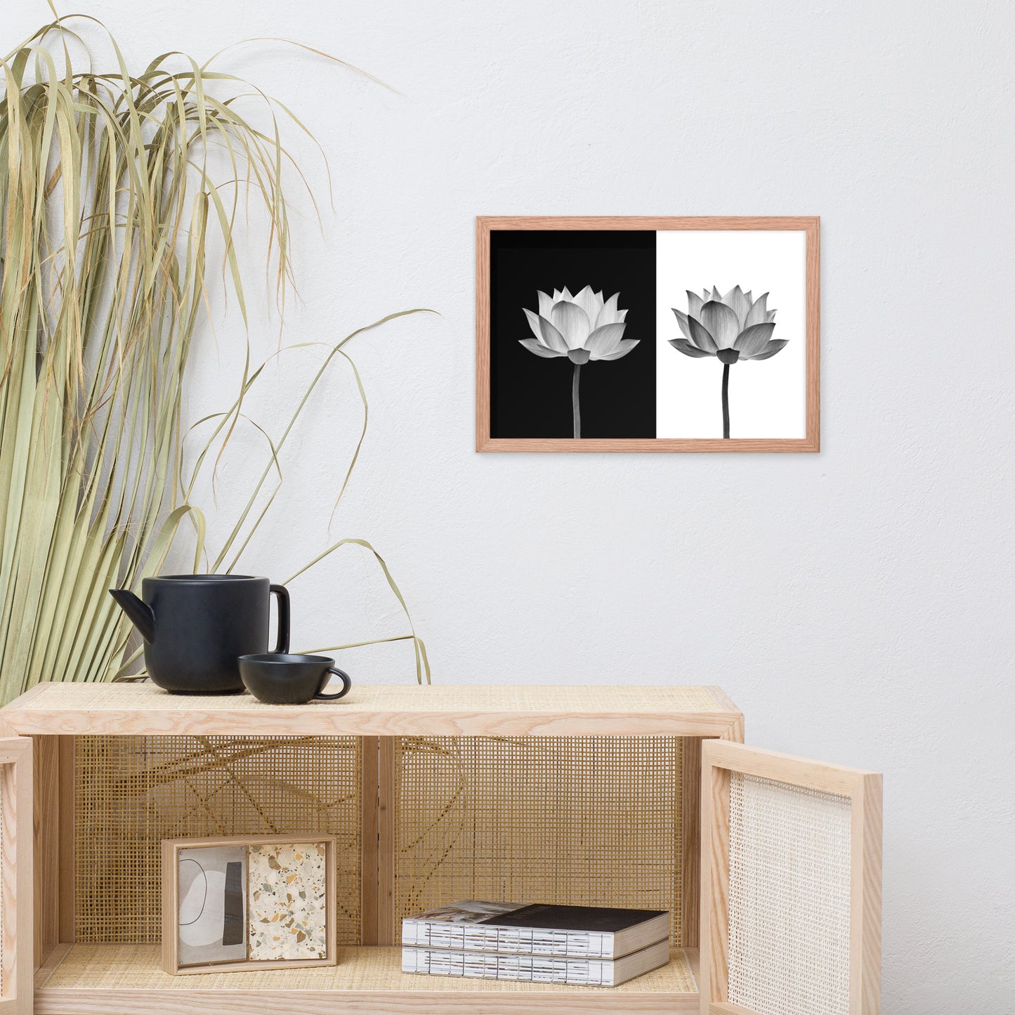 Lotus Flower on Black and White Background Floral Nature Framed Photo Paper Poster
