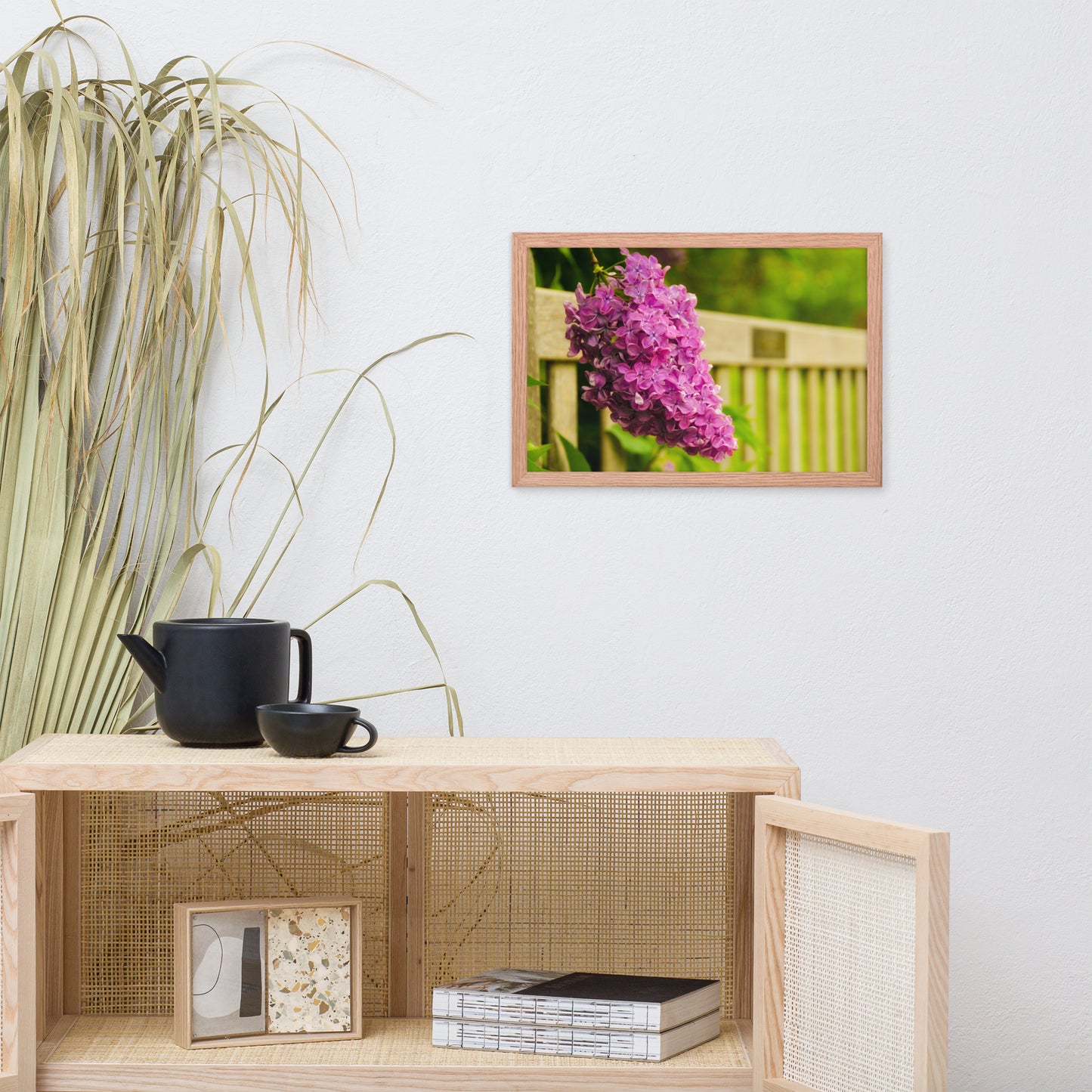 Park Bench with Lilac Floral Nature Photo Framed Wall Art Print