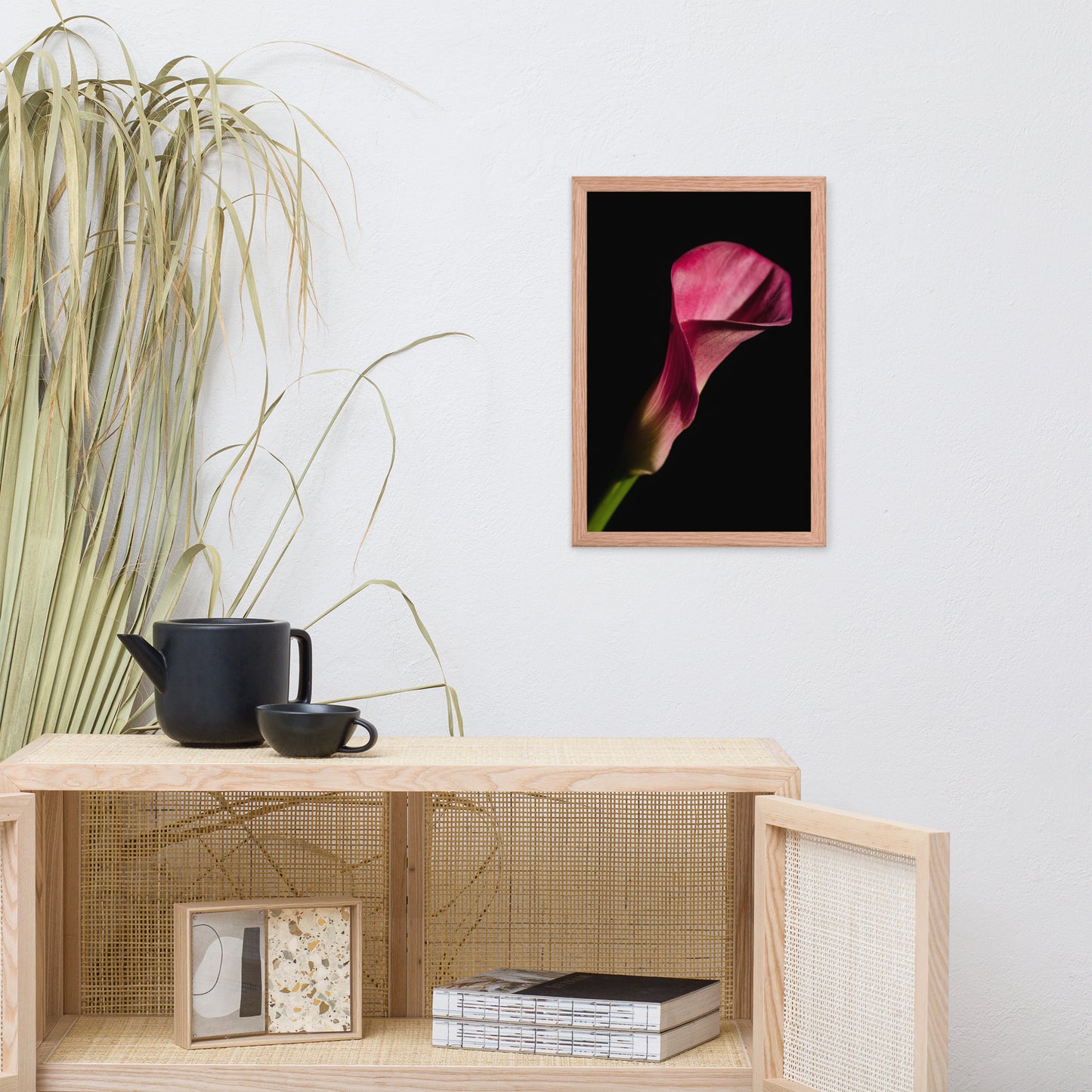 Pink Calla Lily Flower on Black Floral Nature Photo Framed Wall Art Print