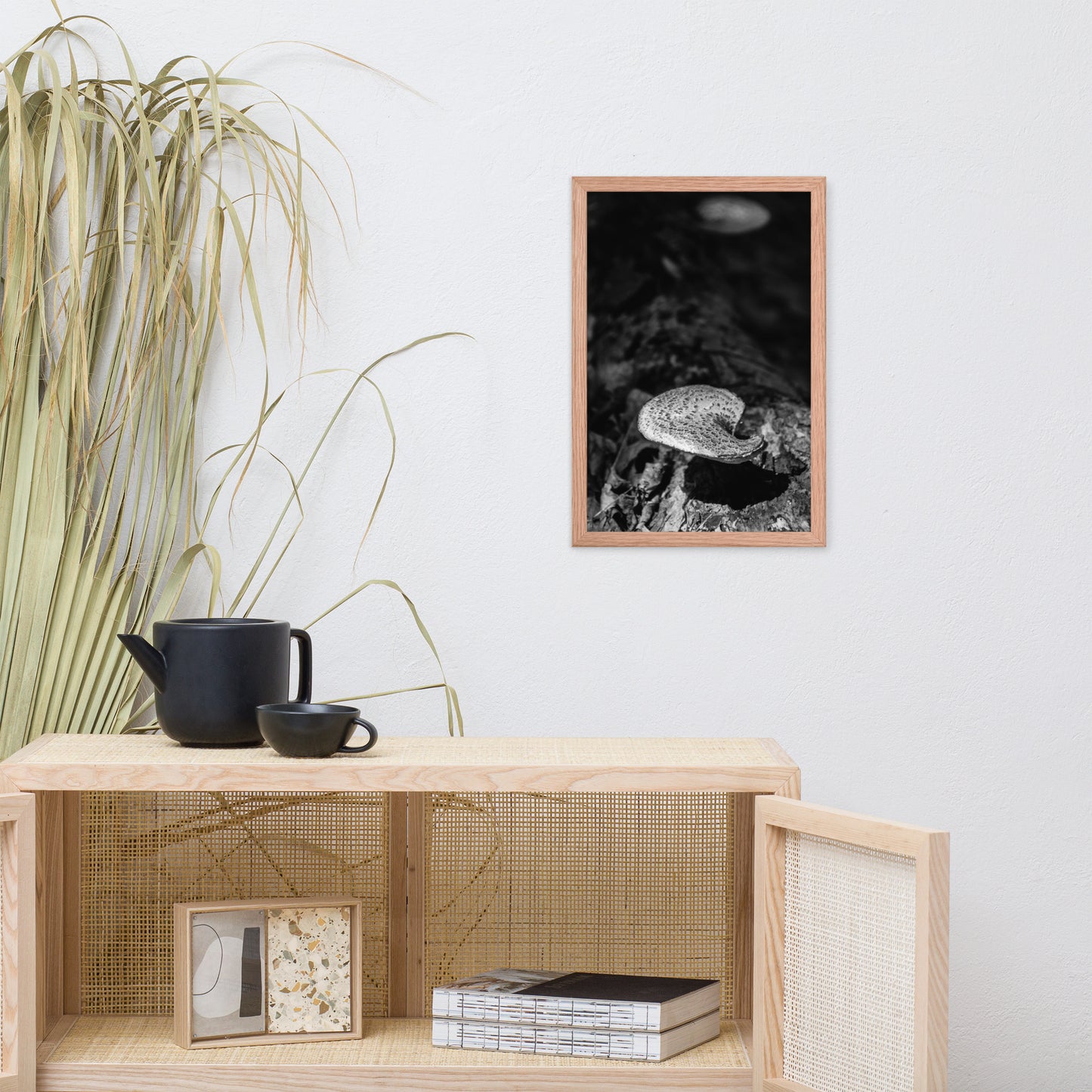 Botanical Wall Pictures: Mushroom on Log in Black & White Rustic / Country Style Nature Photo Framed Wall Art Print