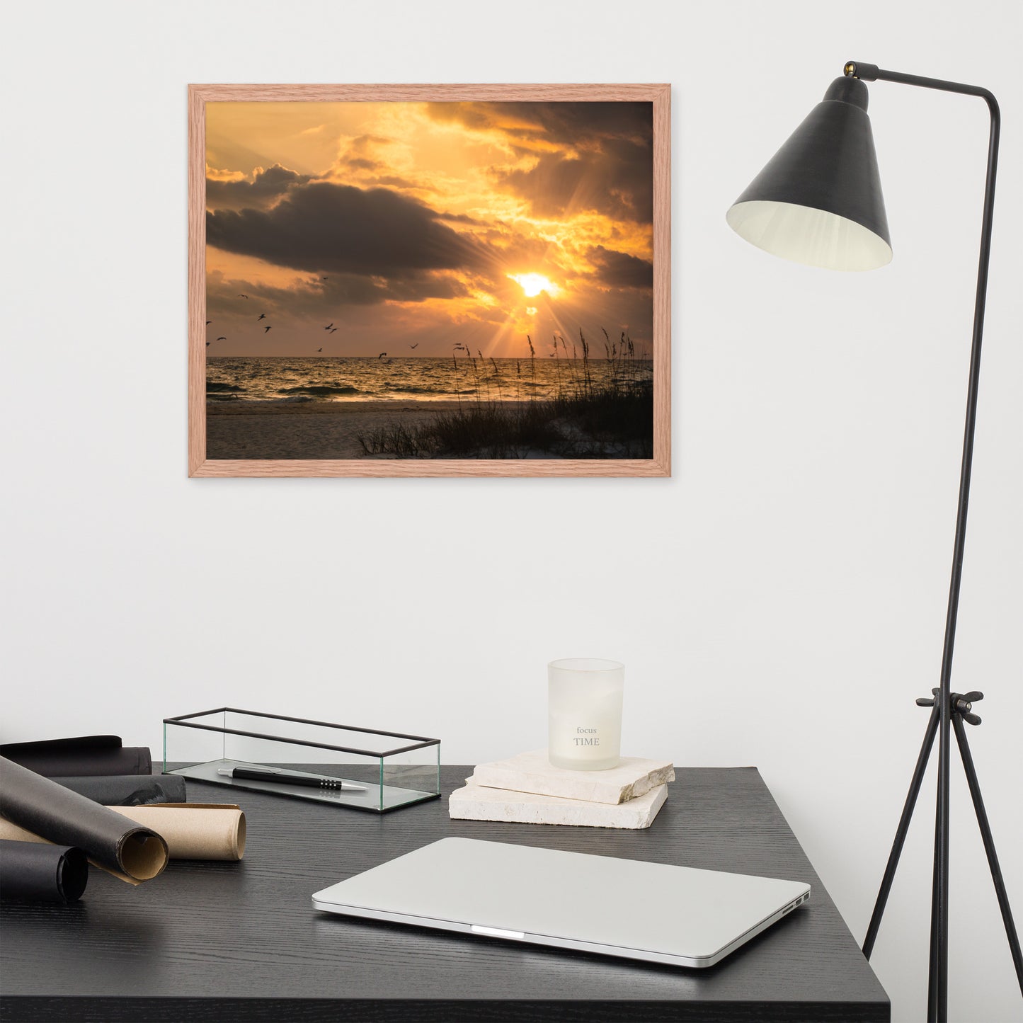Mens Office Wall Art: Anna Maria Island Cloudy Beach Sunset 1 - Coastal / Beach / Seascape / Nature / Landscape Photo Framed Wall Art Print - Artwork