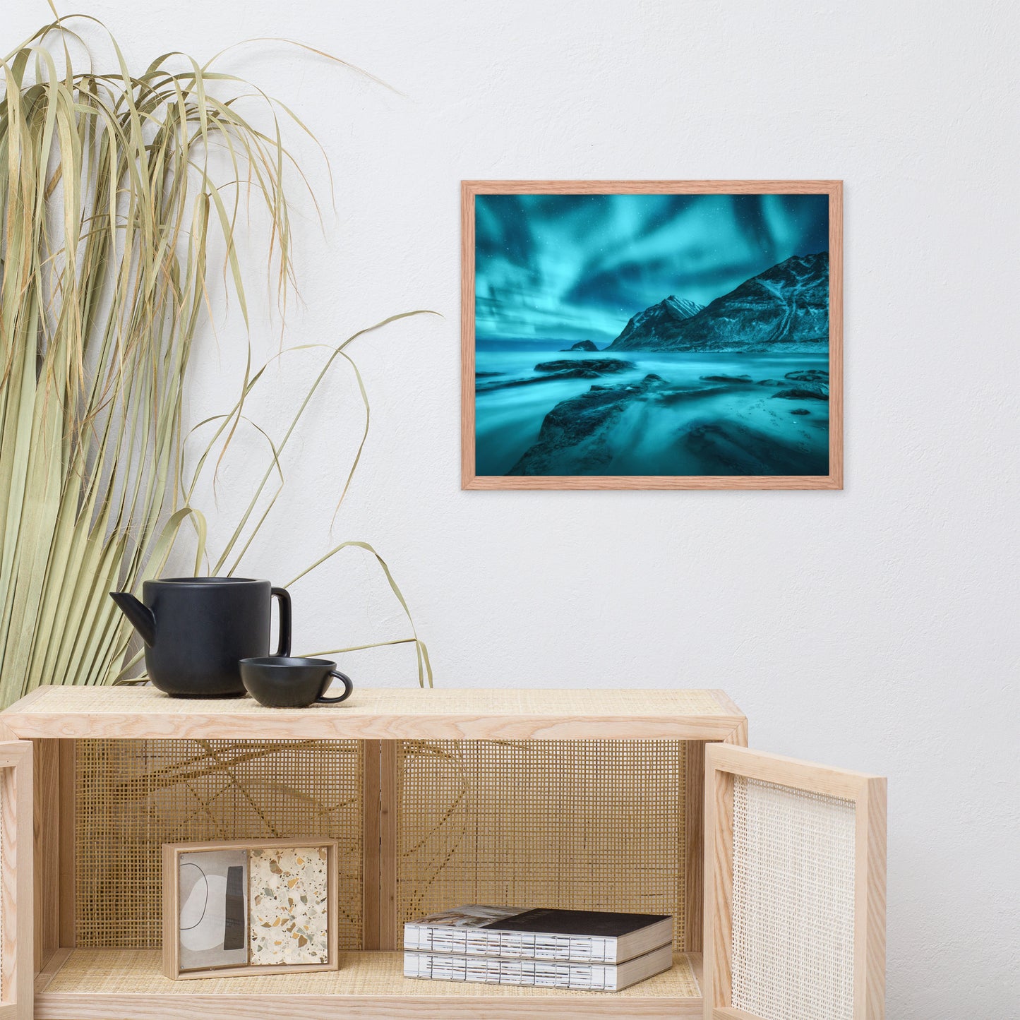 Blue Northern Lights and Mountain Coast Framed Wall Art Prints