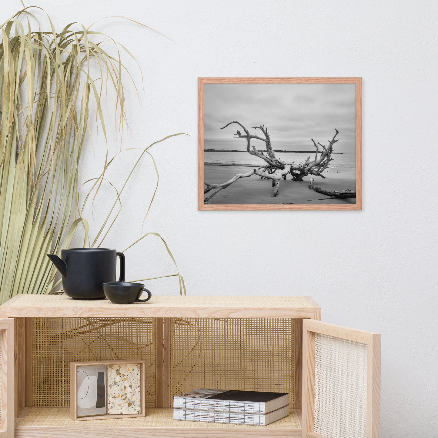 Driftwood on Boneyard Beach Florida 3 Black and White Rustic Coastal Landscape Photo Framed Wall Art Print