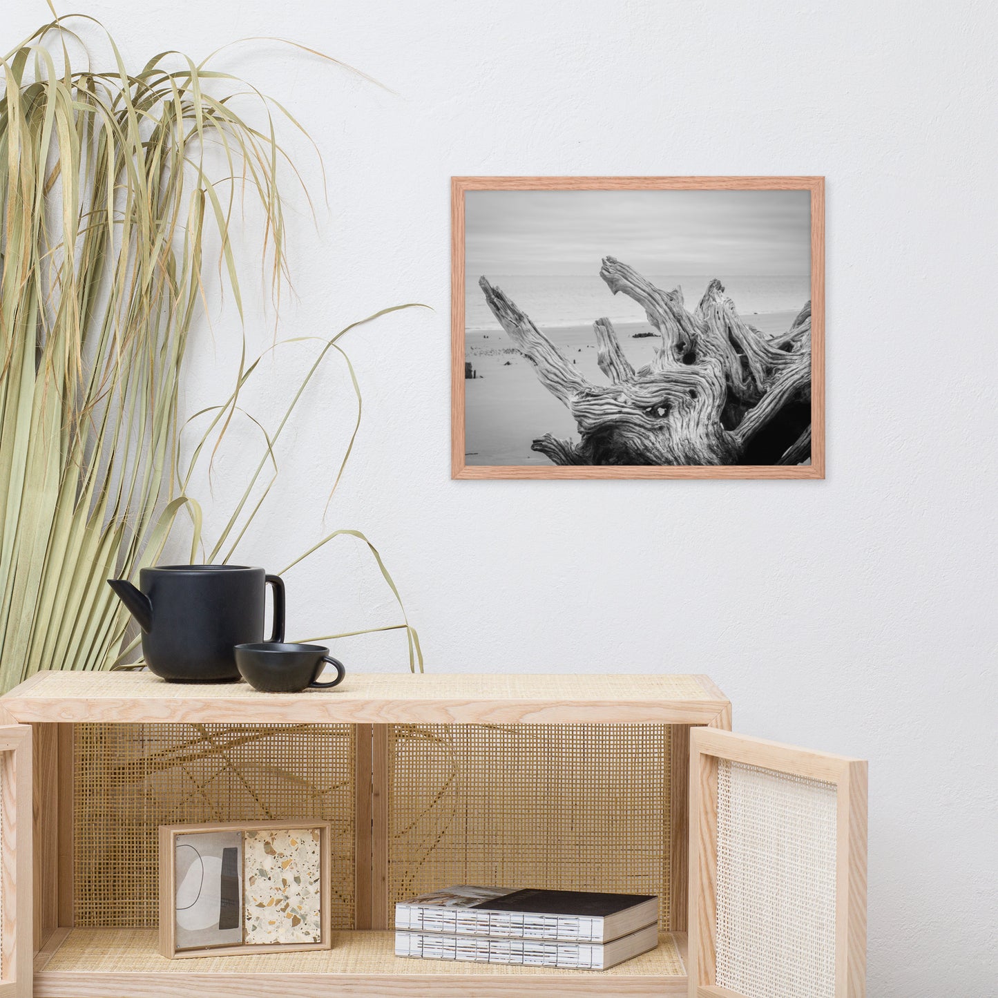 Driftwood on Boneyard Beach Florida 4 Black and White Coastal Landscape Photo Framed Wall Art Print