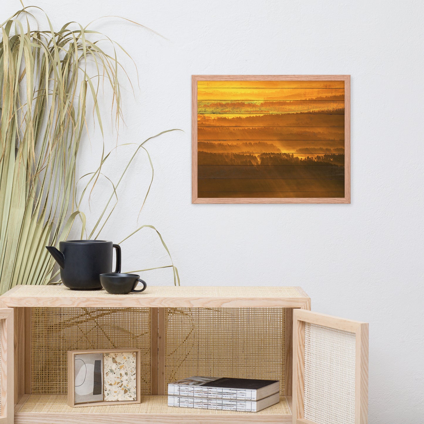 Faux Wood Golden Mist Valley - Hills & Mountain Range Framed Photo Wall Art Prints