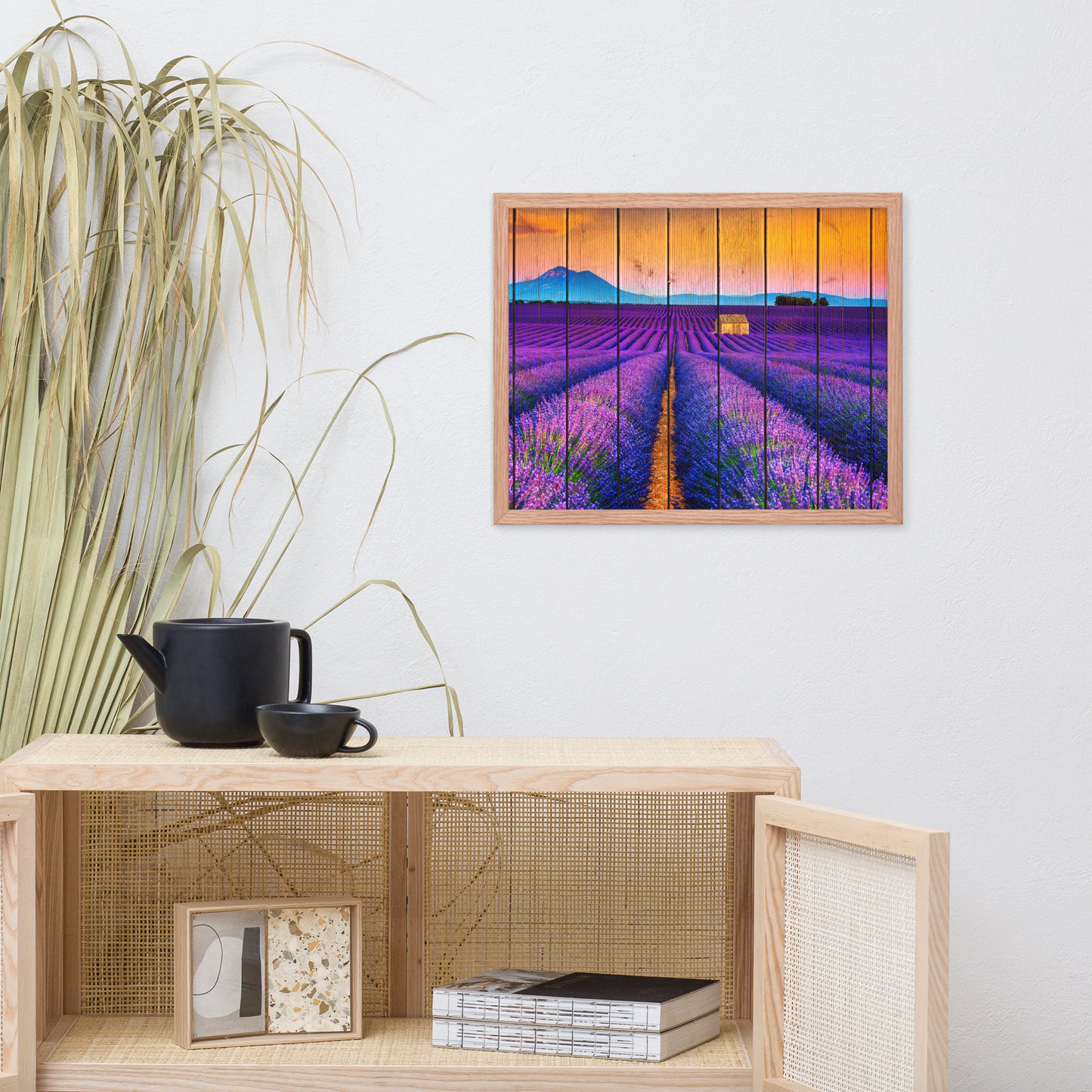 Faux Wood Lavender Fields and Sunset Landscape Framed Photo Paper Wall Art Prints