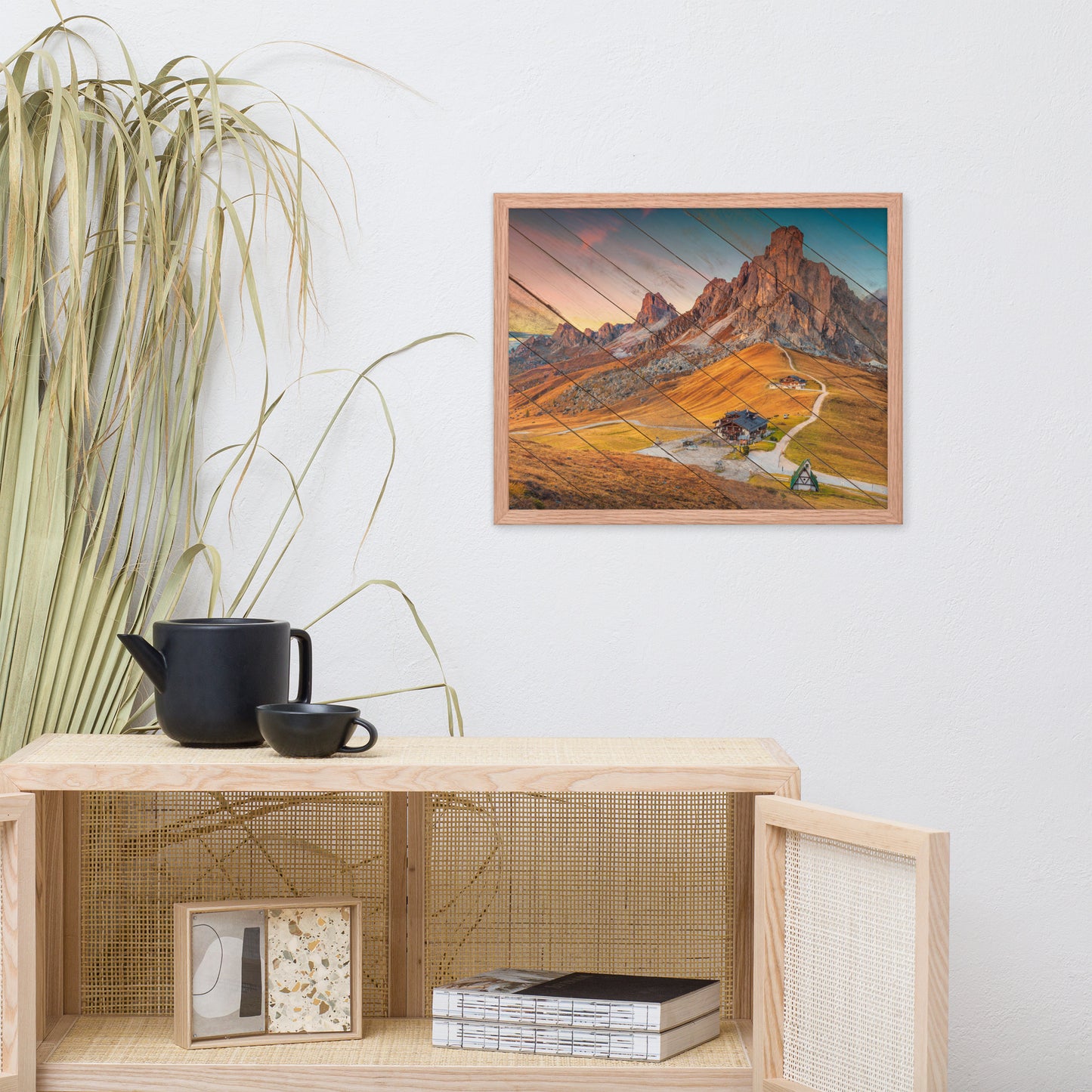 Faux Wood Majestic Sunset & Alpine Mountain Framed Photo Paper Wall Art Prints