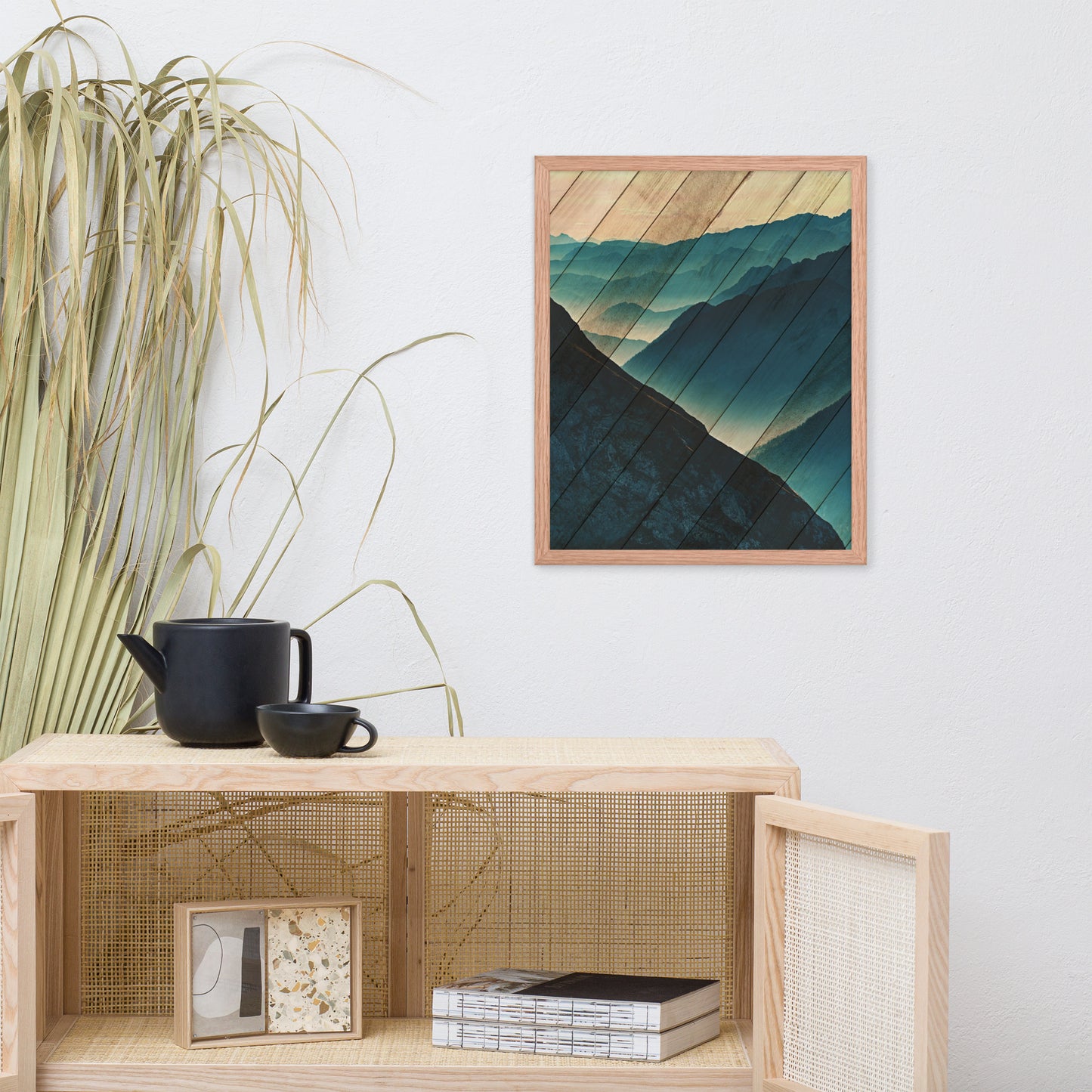 Faux Wood Misty Blue Silhouette Mountain Range Landscape Framed Photo Paper Wall Art Prints