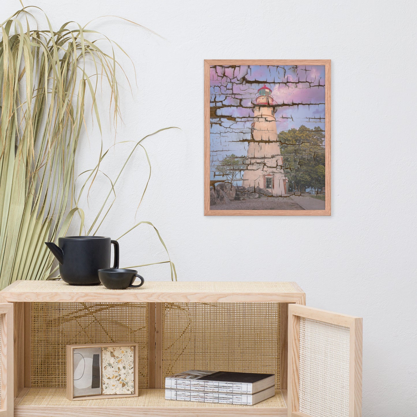 Faux Wood Texture Marblehead Lighthouse at Sunset Framed Photo Paper Wall Art Prints