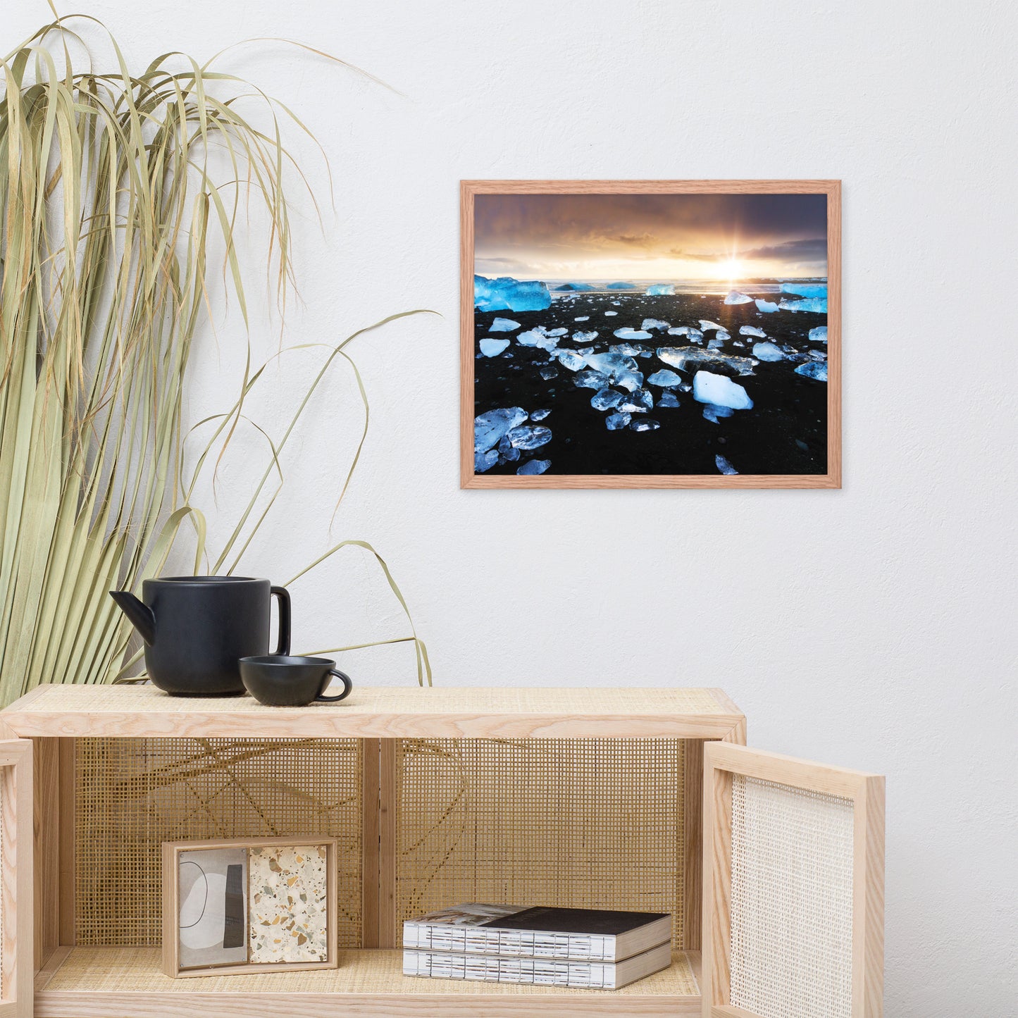 Fire and Ice Black Sand Sunset Coastal Landscape Framed Photo Paper Wall Art Prints