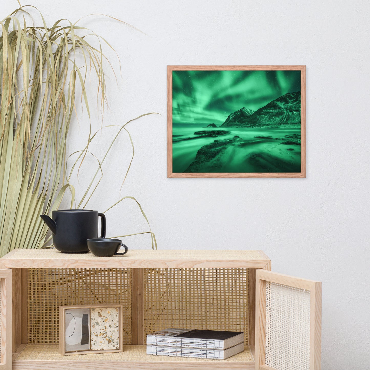 Green Northern Lights and Mountain Coast Framed Wall Art Prints