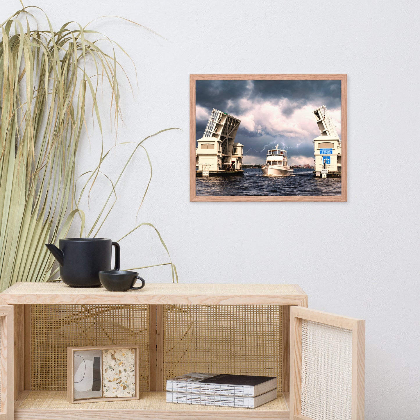 Stormy Drawbridge and Boat Racing Towards the Sun Coastal Landscape Photograph Framed Wall Art Print