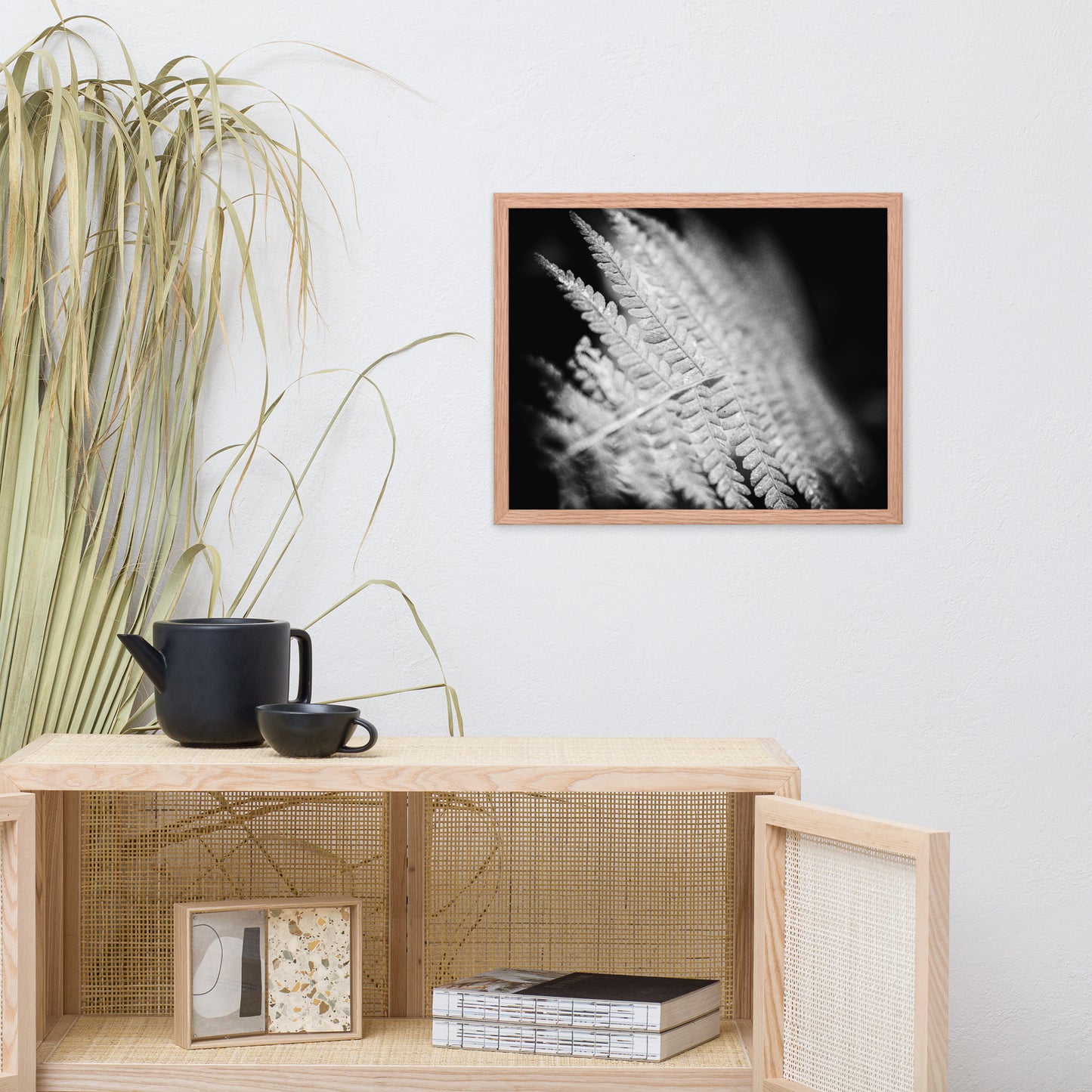 Fern Leaf in the Sunlight Black and White Botanical Nature Photo Framed Wall Art Print