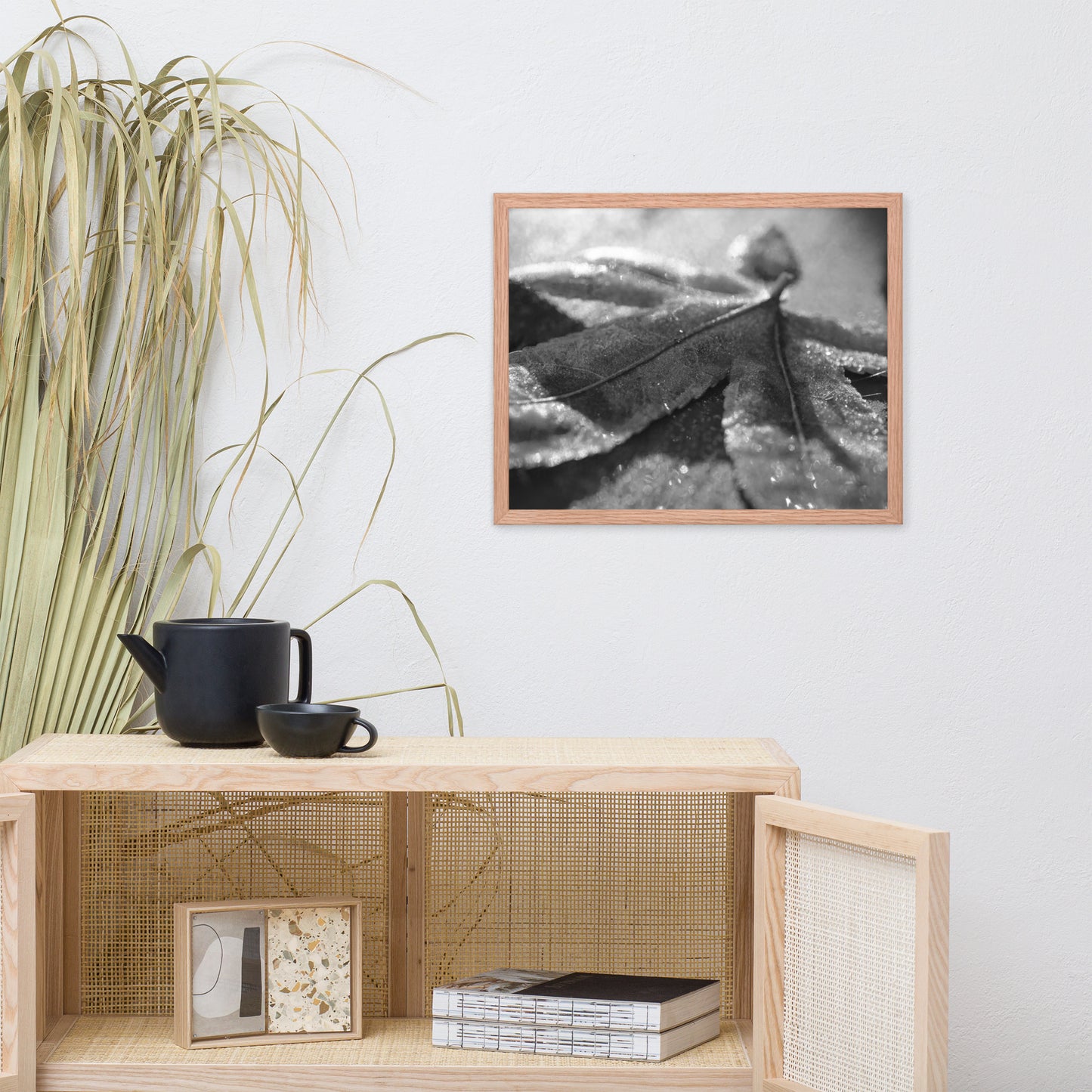 Frost Covered Leaf Black and White Botanical Nature Photo Framed Wall Art Print