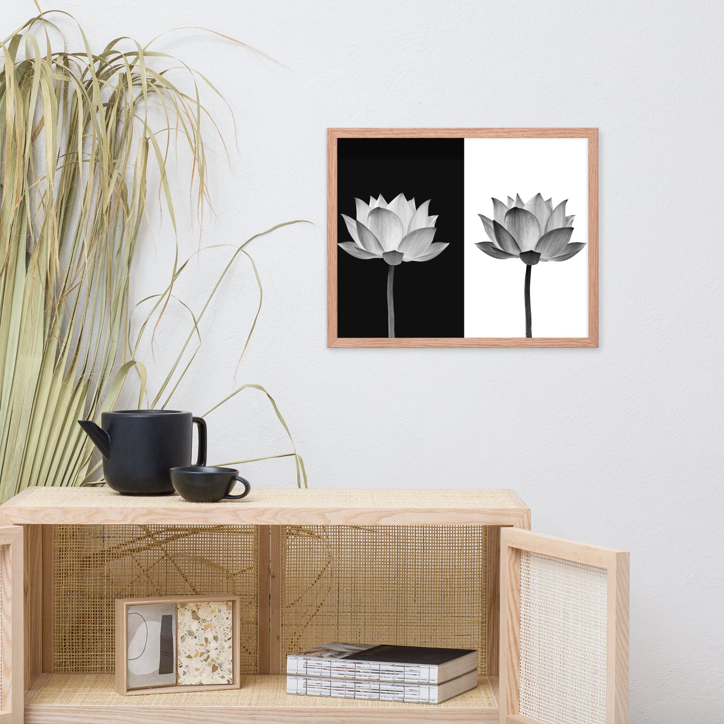 Lotus Flower on Black and White Background Floral Nature Framed Photo Paper Poster