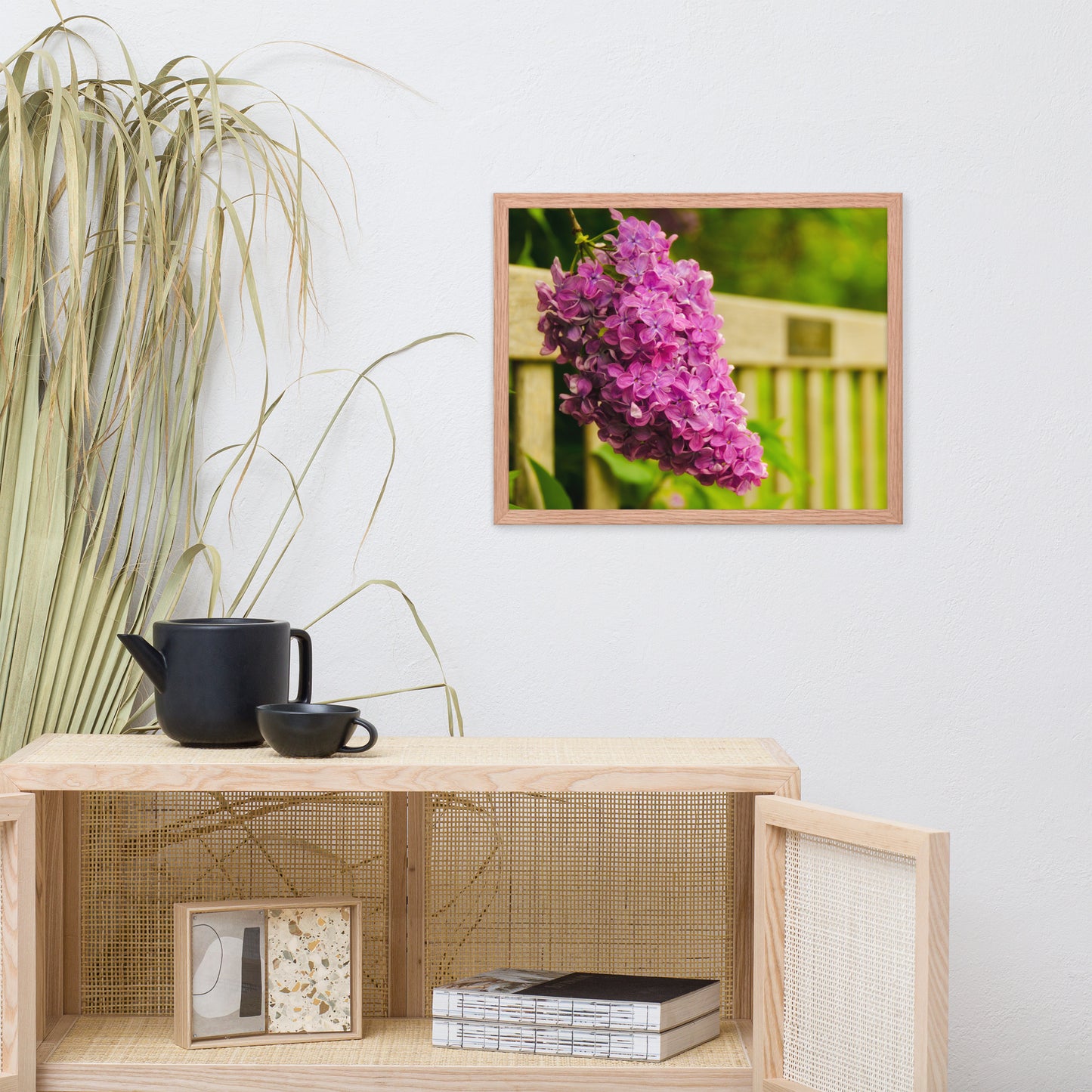 Park Bench with Lilac Floral Nature Photo Framed Wall Art Print