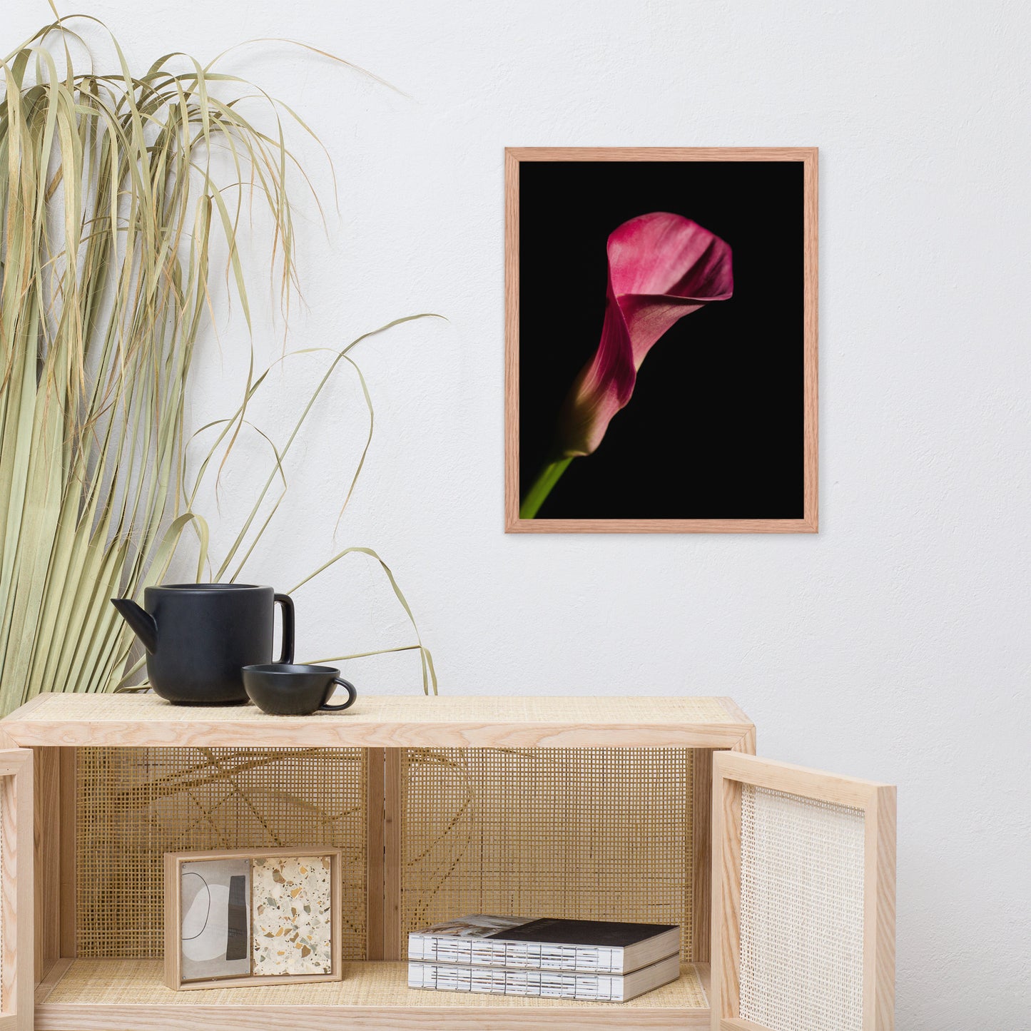 Pink Calla Lily Flower on Black Floral Nature Photo Framed Wall Art Print