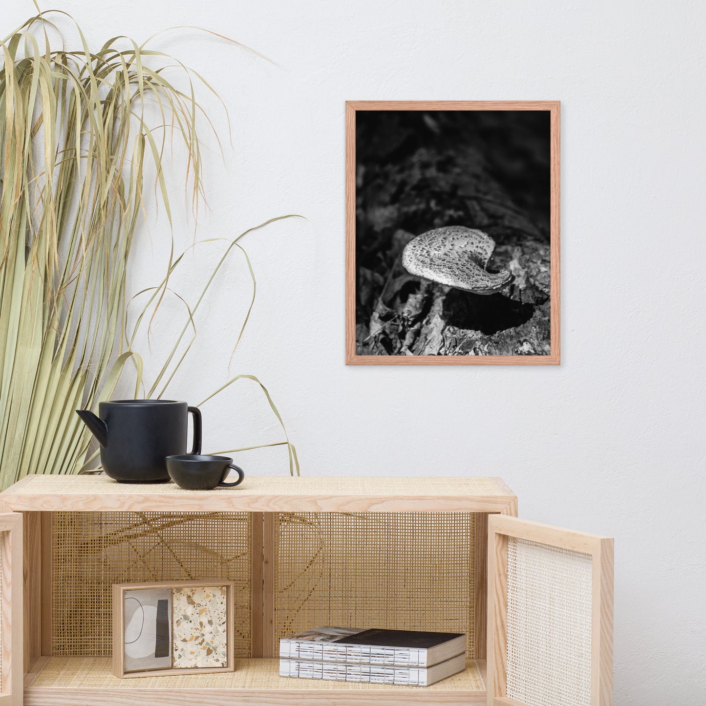 Botanical Wall Prints: Mushroom on Log in Black & White Rustic / Country Style Nature Photo Framed Wall Art Print