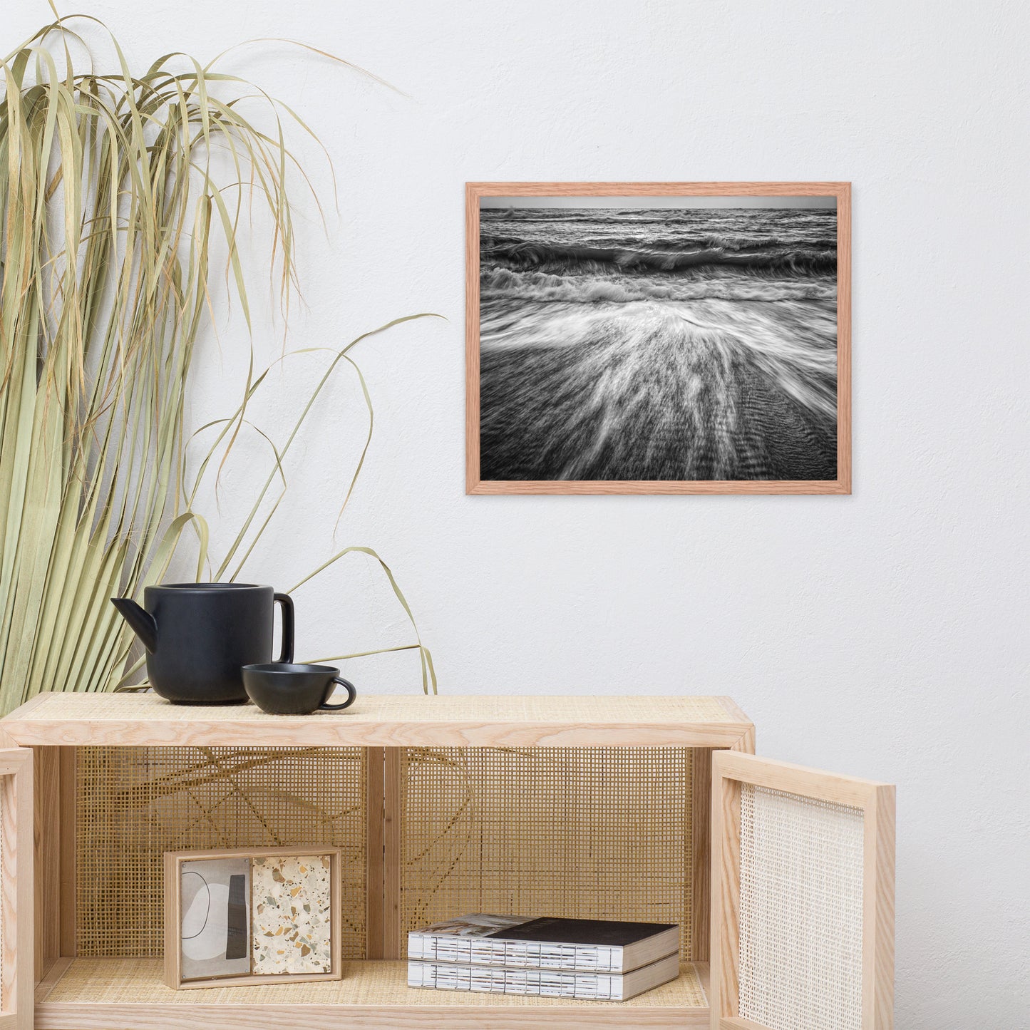 Washing Out to Sea Black and White Coastal Nature Photo Framed Wall Art Print