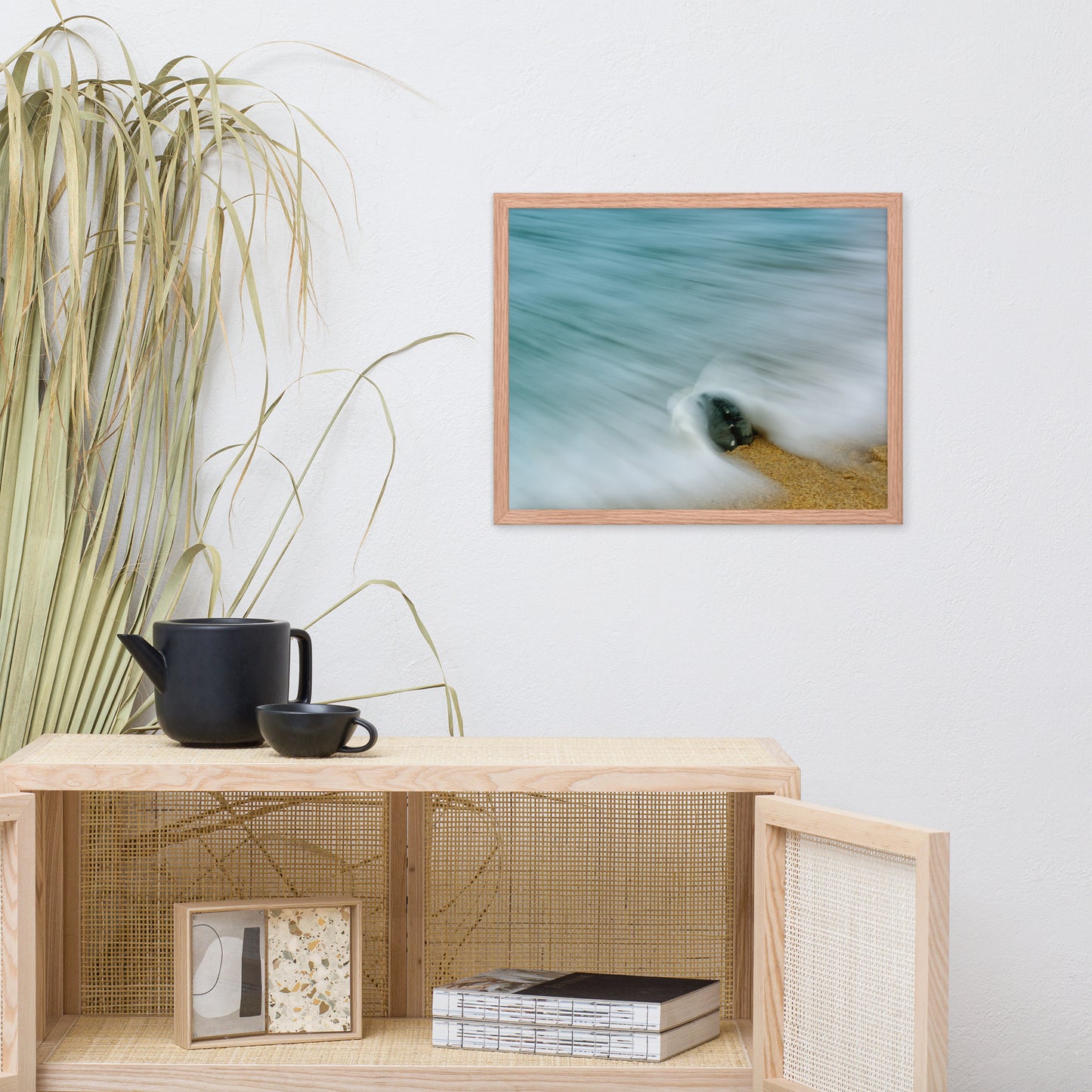 Whelk Seashell and Misty Wave Coastal Nature Photo Framed Wall Art Print