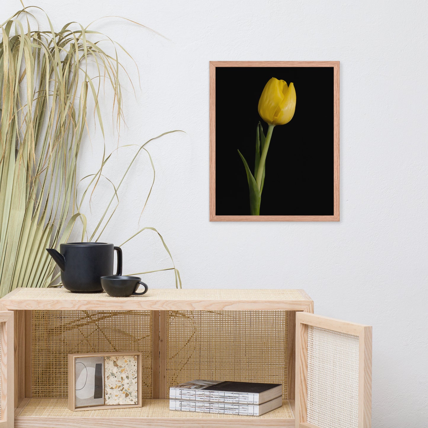 Yellow Tulip on Black Floral Nature Photo Framed Wall Art Print