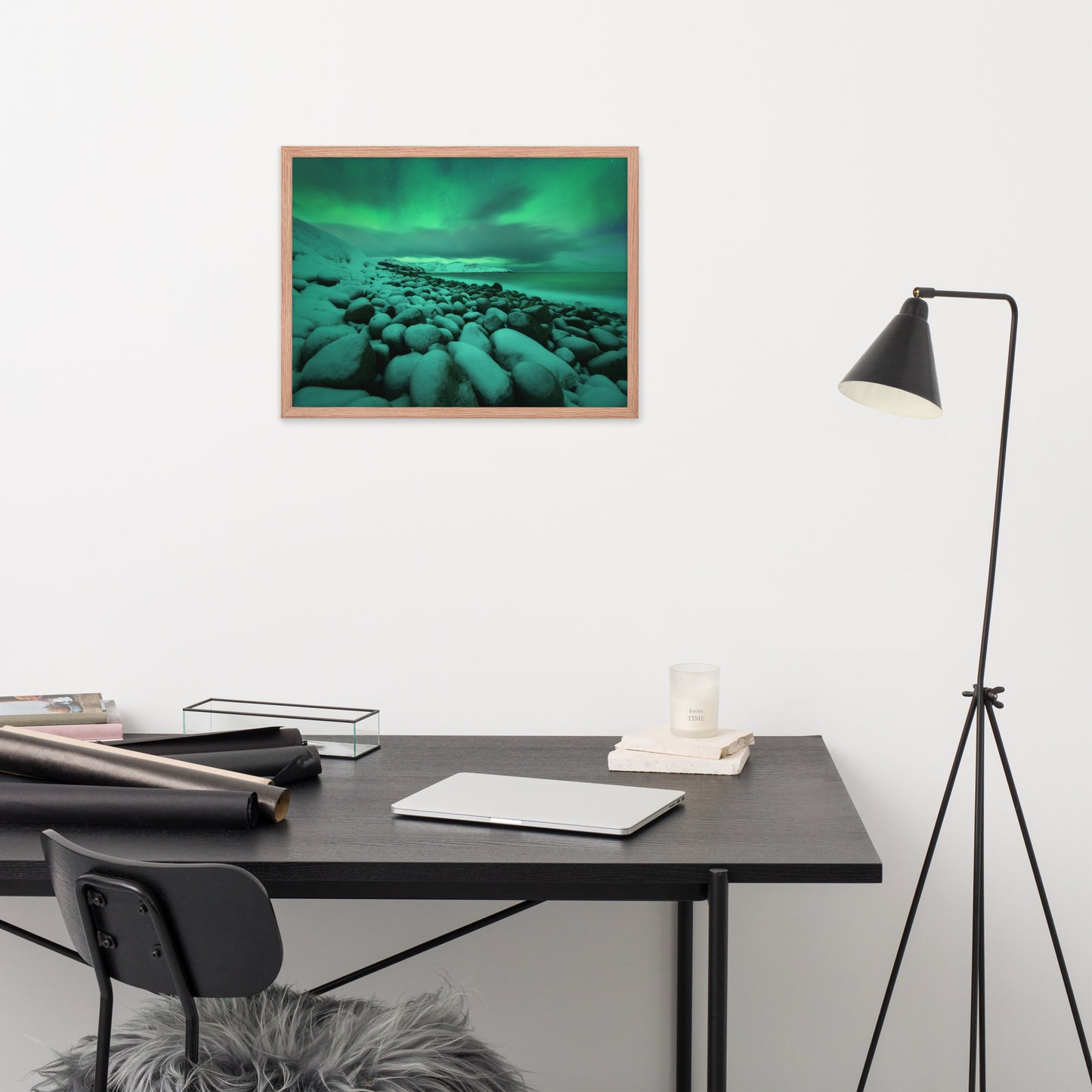 Home Gym Wall Decor: Aurora Borealis Over Ocean in Teriberka Night - Coastal / Beach / Seascape / Nature / Landscape Photo Framed Wall Art Print - Artwork