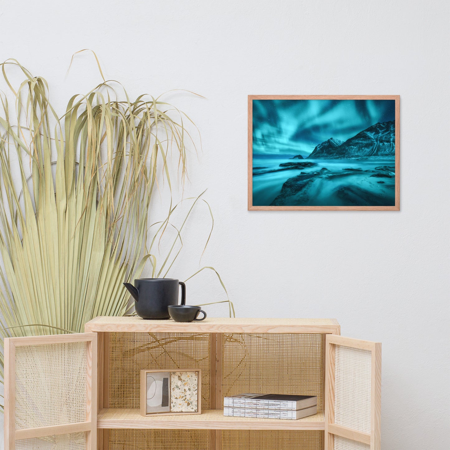 Blue Northern Lights and Mountain Coast Framed Wall Art Prints