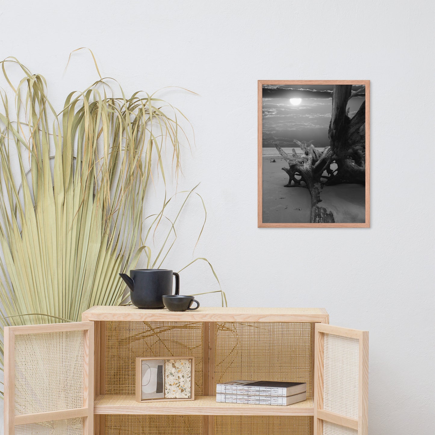 Dried Tree Roots and Sunrise 2 Black and White Landscape Photo Framed Wall Art Print