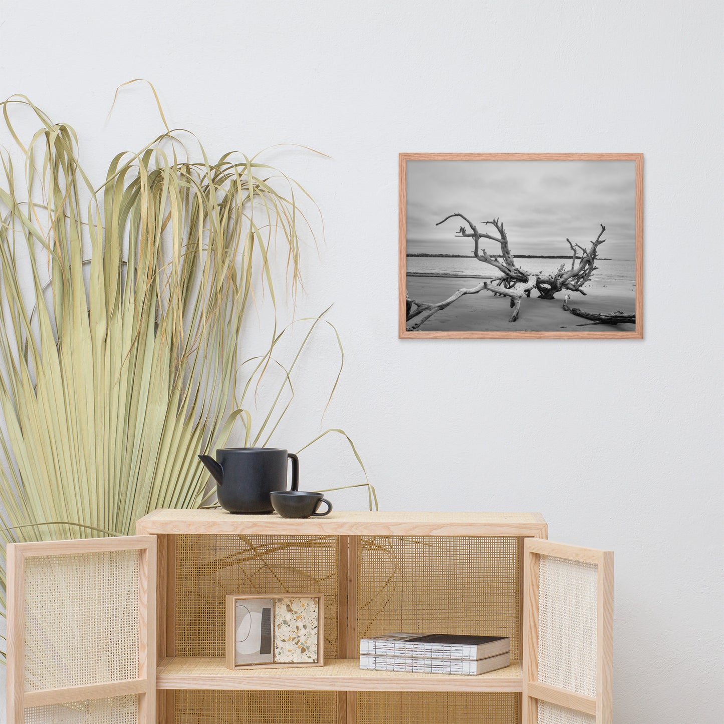 Driftwood on Boneyard Beach Florida 3 Black and White Rustic Coastal Landscape Photo Framed Wall Art Print