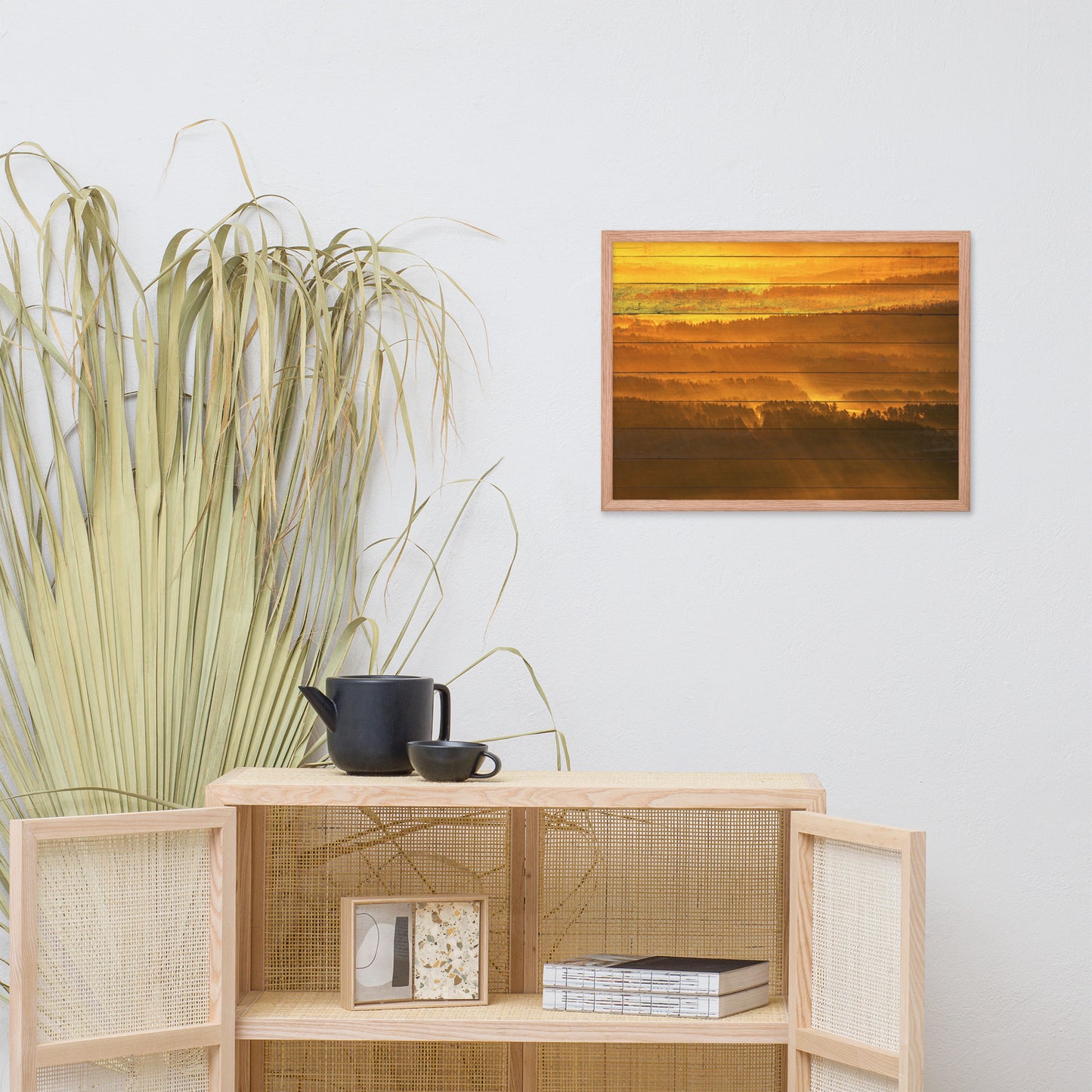 Faux Wood Golden Mist Valley - Hills & Mountain Range Framed Photo Wall Art Prints