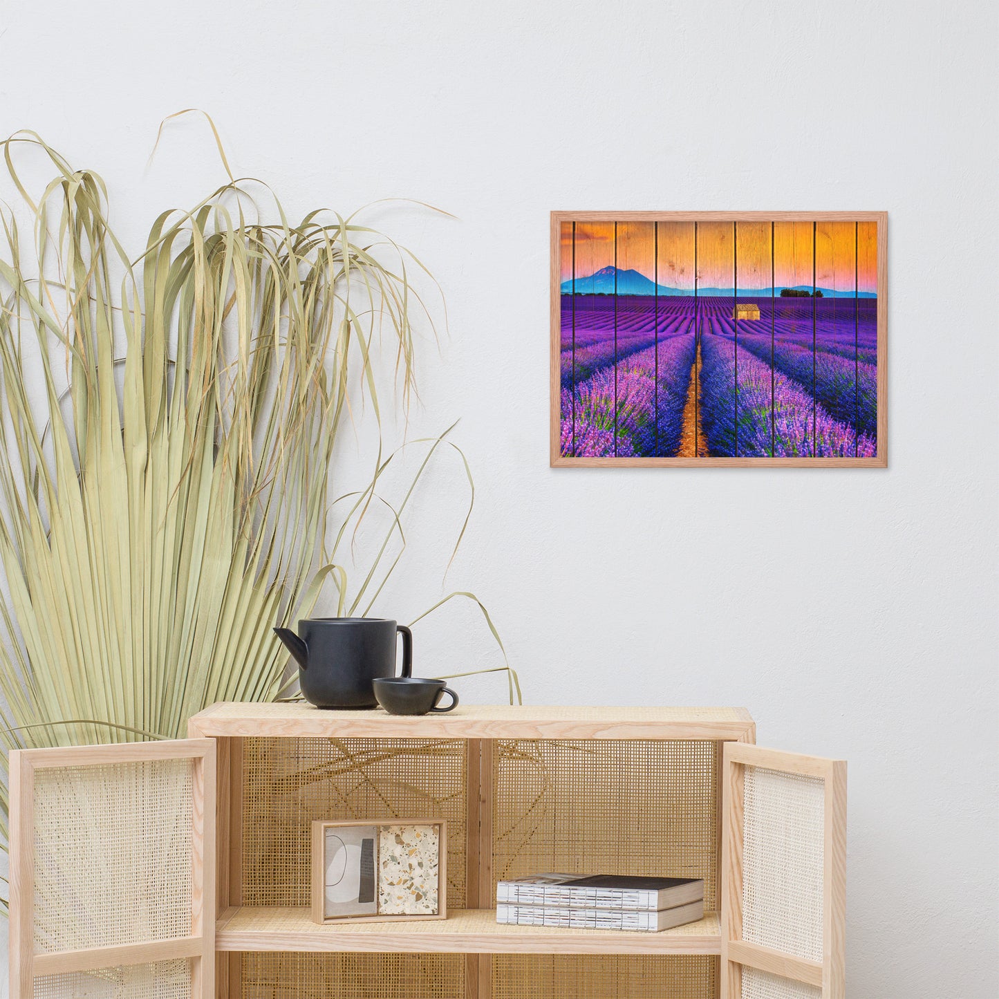 Faux Wood Lavender Fields and Sunset Landscape Framed Photo Paper Wall Art Prints