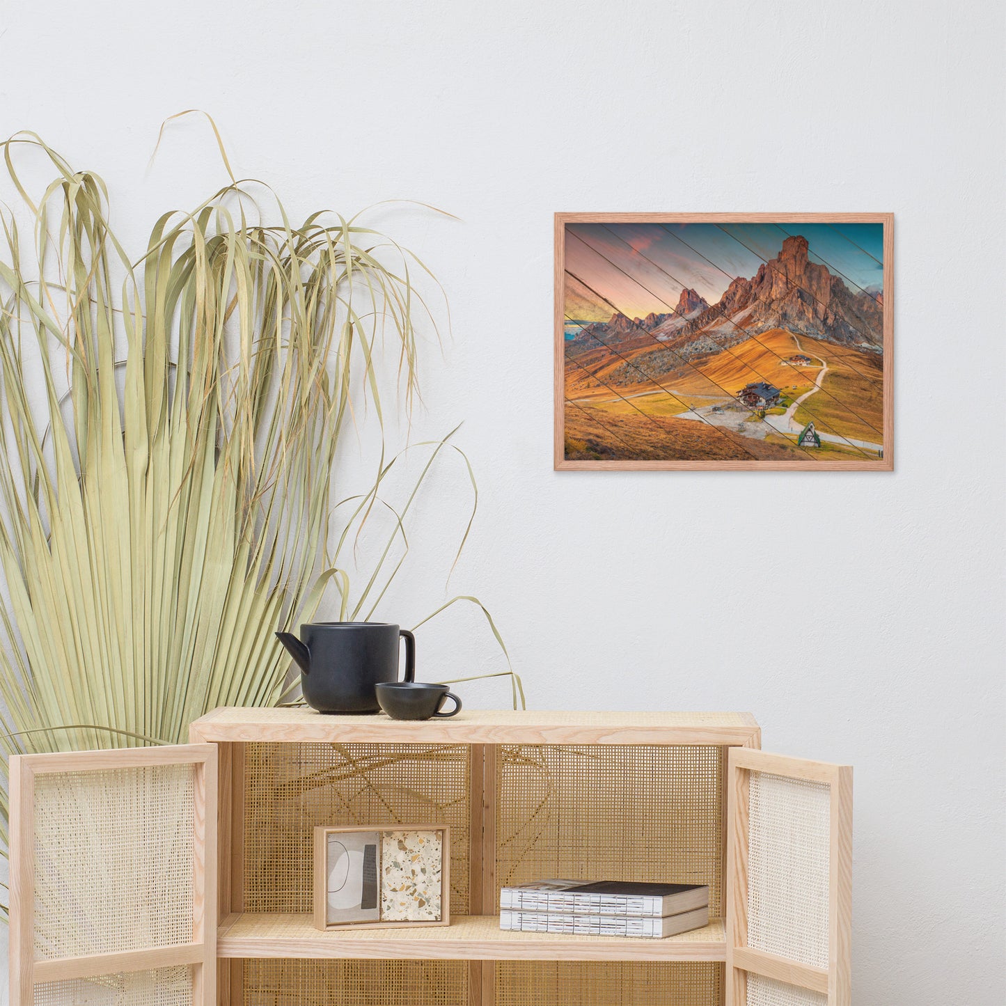 Faux Wood Majestic Sunset & Alpine Mountain Framed Photo Paper Wall Art Prints