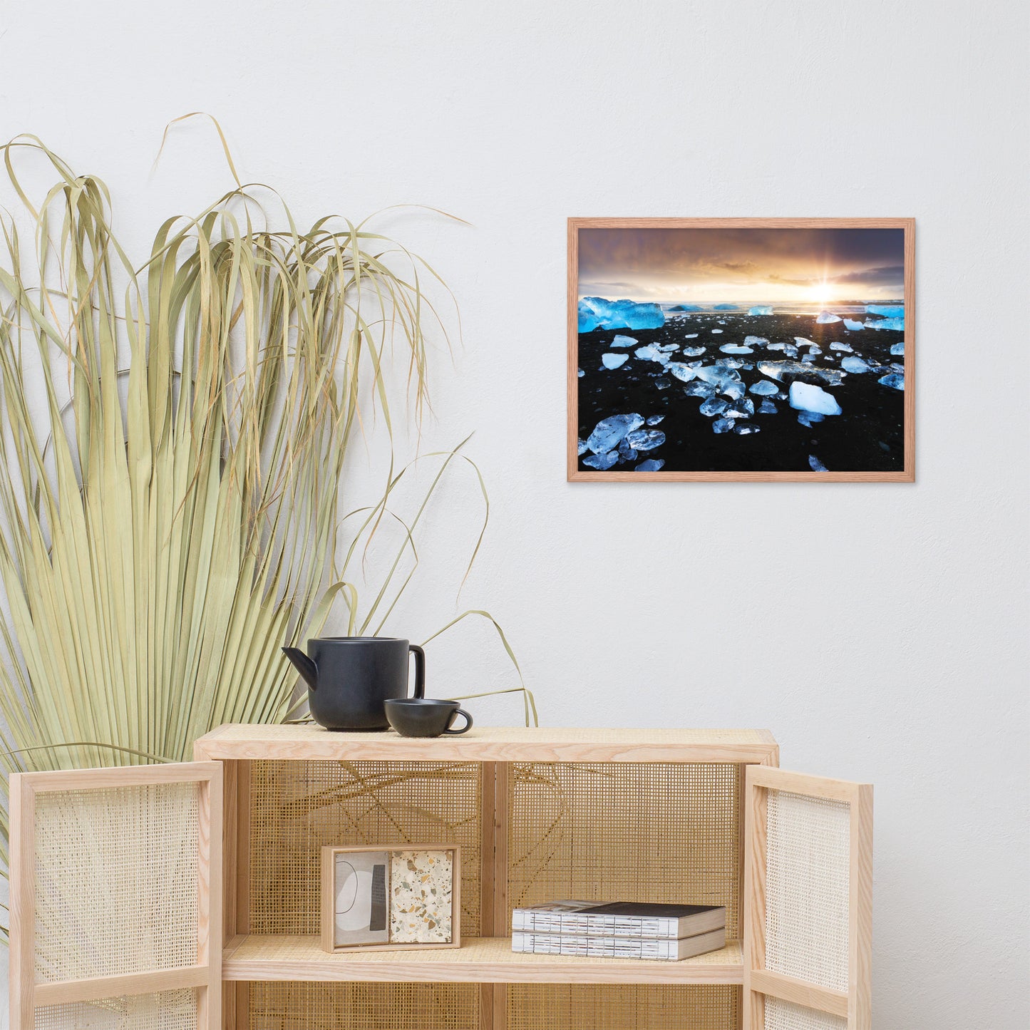 Fire and Ice Black Sand Sunset Coastal Landscape Framed Photo Paper Wall Art Prints