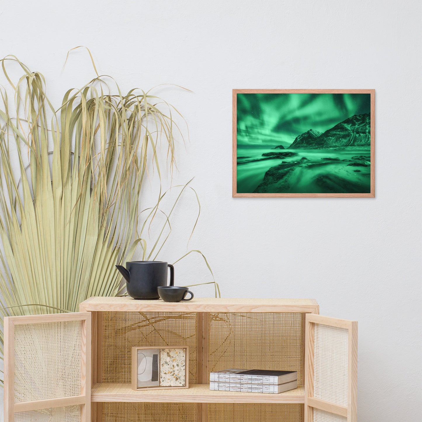 Green Northern Lights and Mountain Coast Framed Wall Art Prints