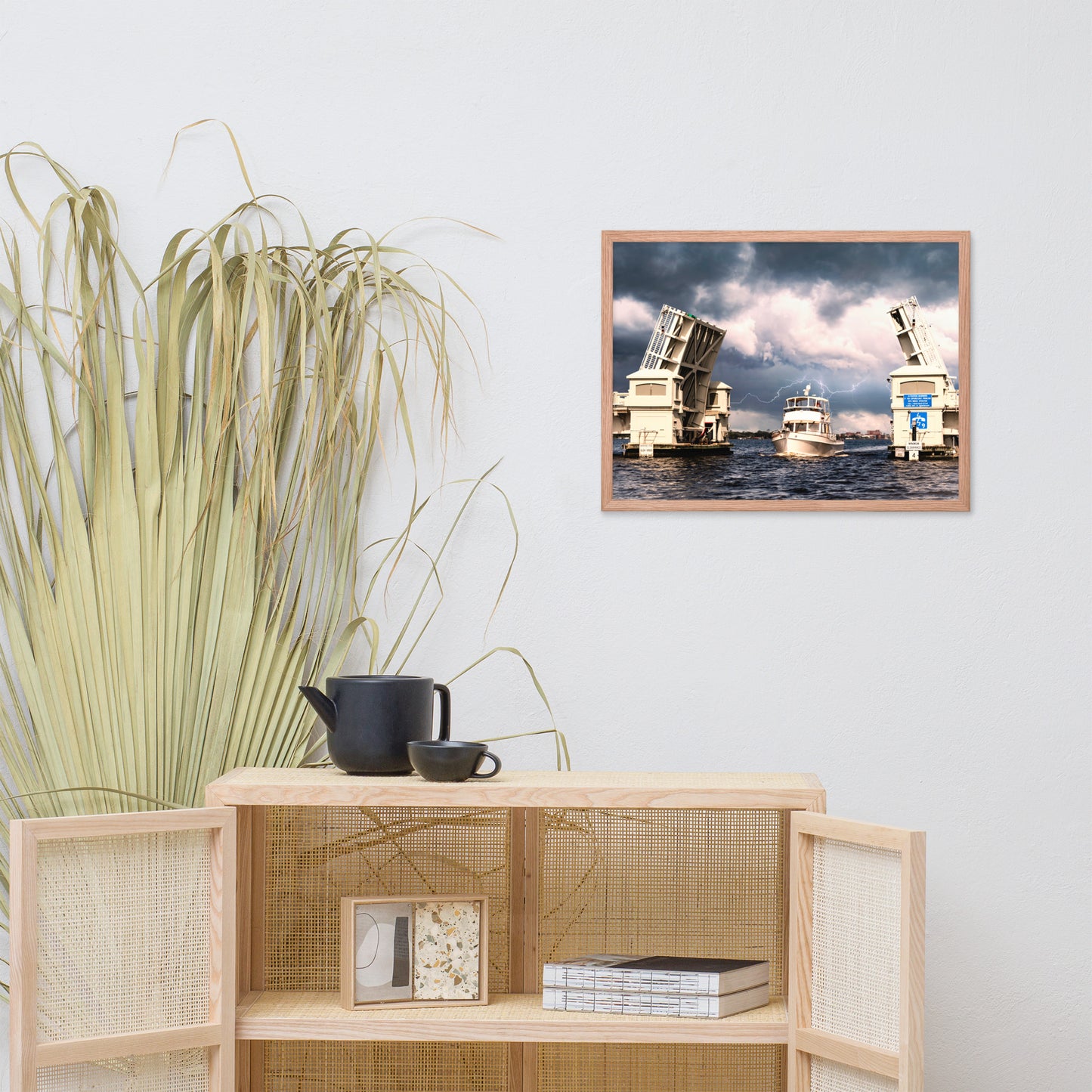Stormy Drawbridge and Boat Racing Towards the Sun Coastal Landscape Photograph Framed Wall Art Print
