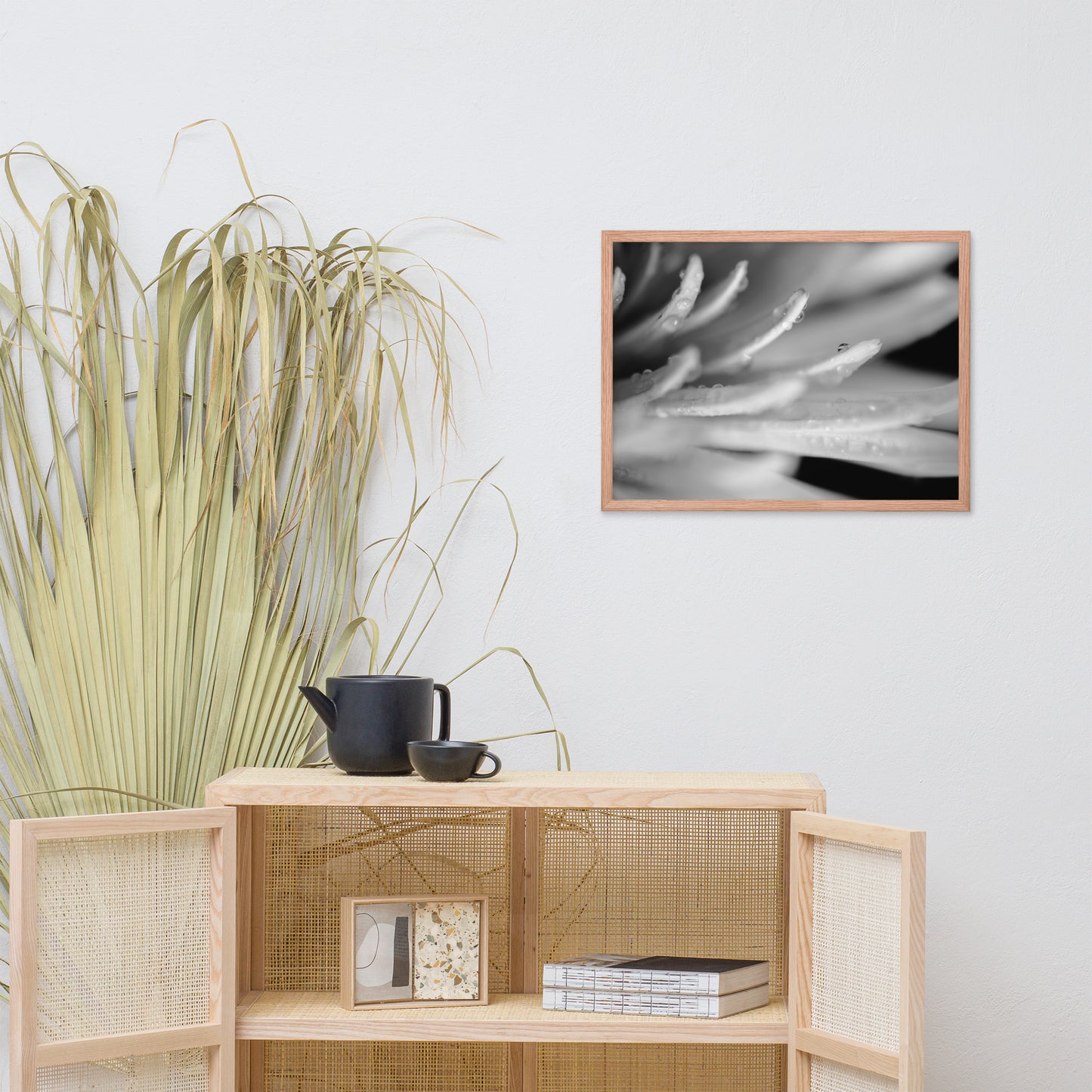 Droplets on Petals Black and White Floral Nature Photo Framed Wall Art Print