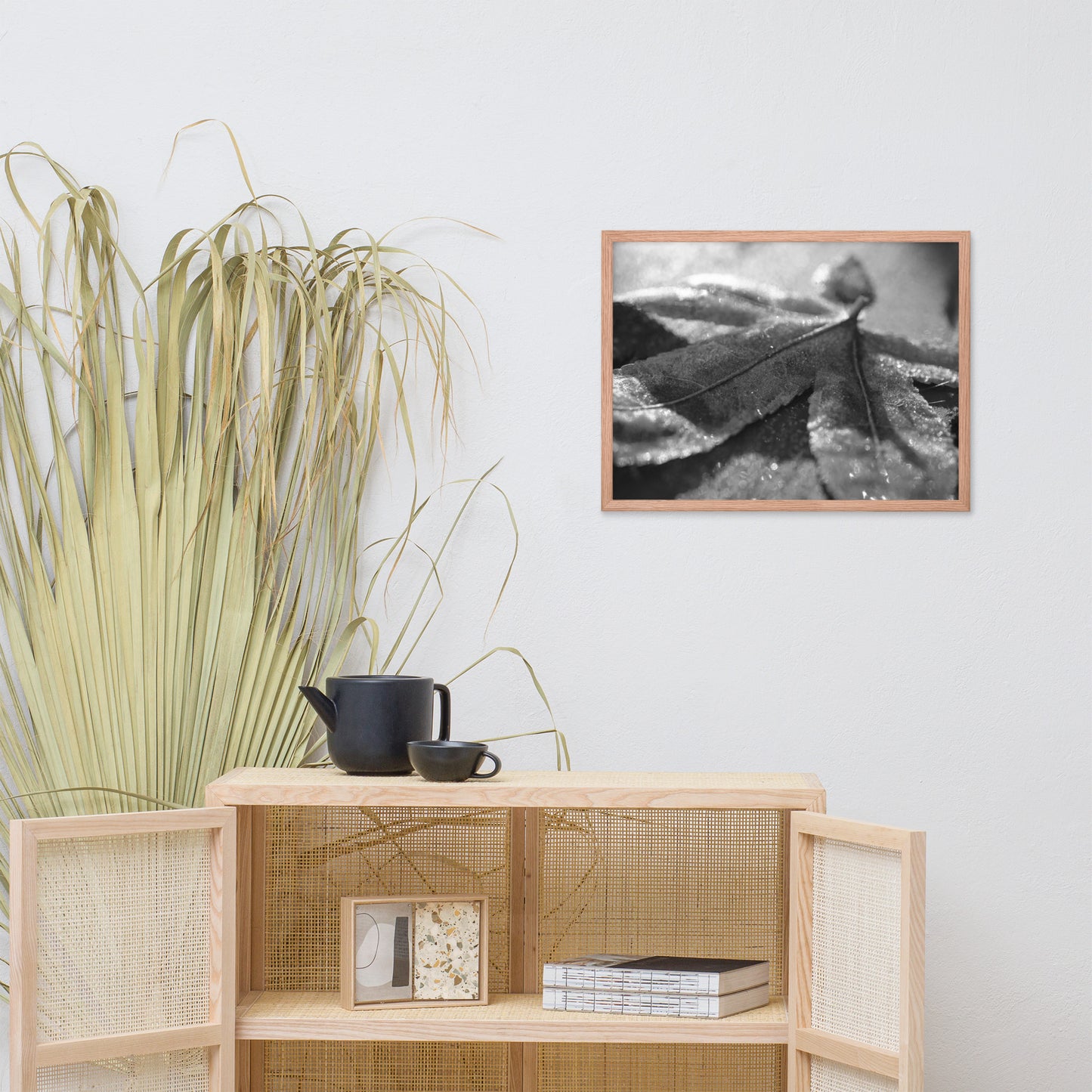 Frost Covered Leaf Black and White Botanical Nature Photo Framed Wall Art Print