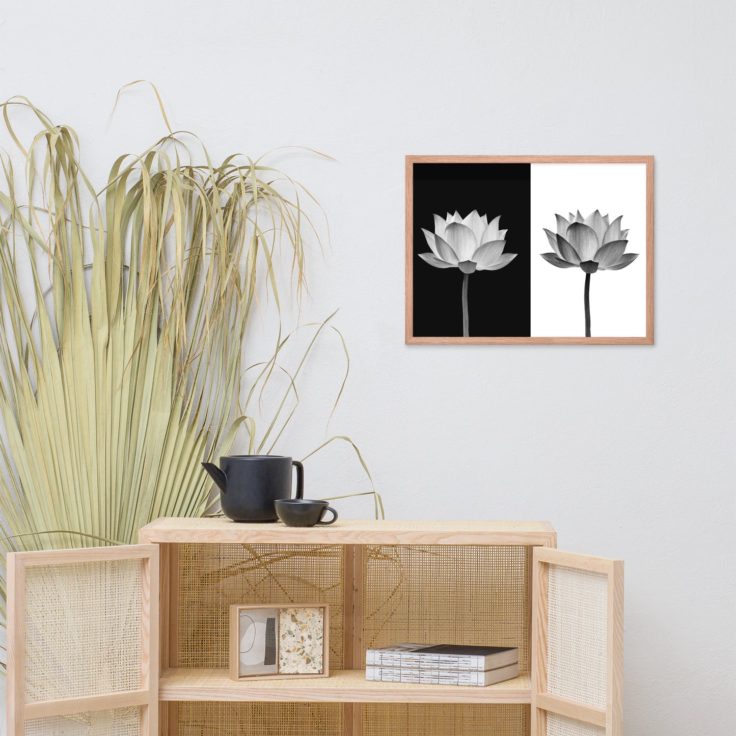 Lotus Flower on Black and White Background Floral Nature Framed Photo Paper Poster