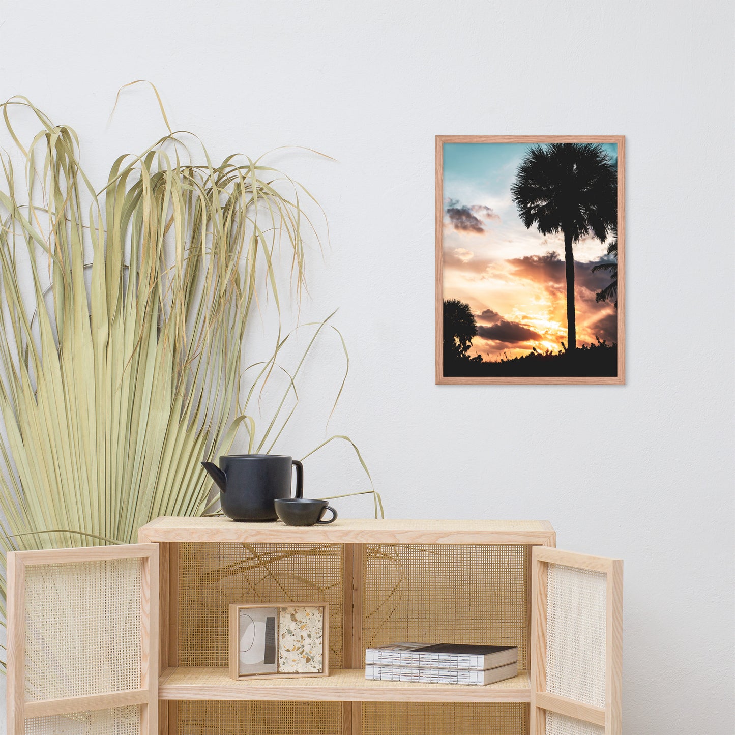 Palm Tree Silhouettes and Sunset Botanical Nature Photo Framed Wall Art Print