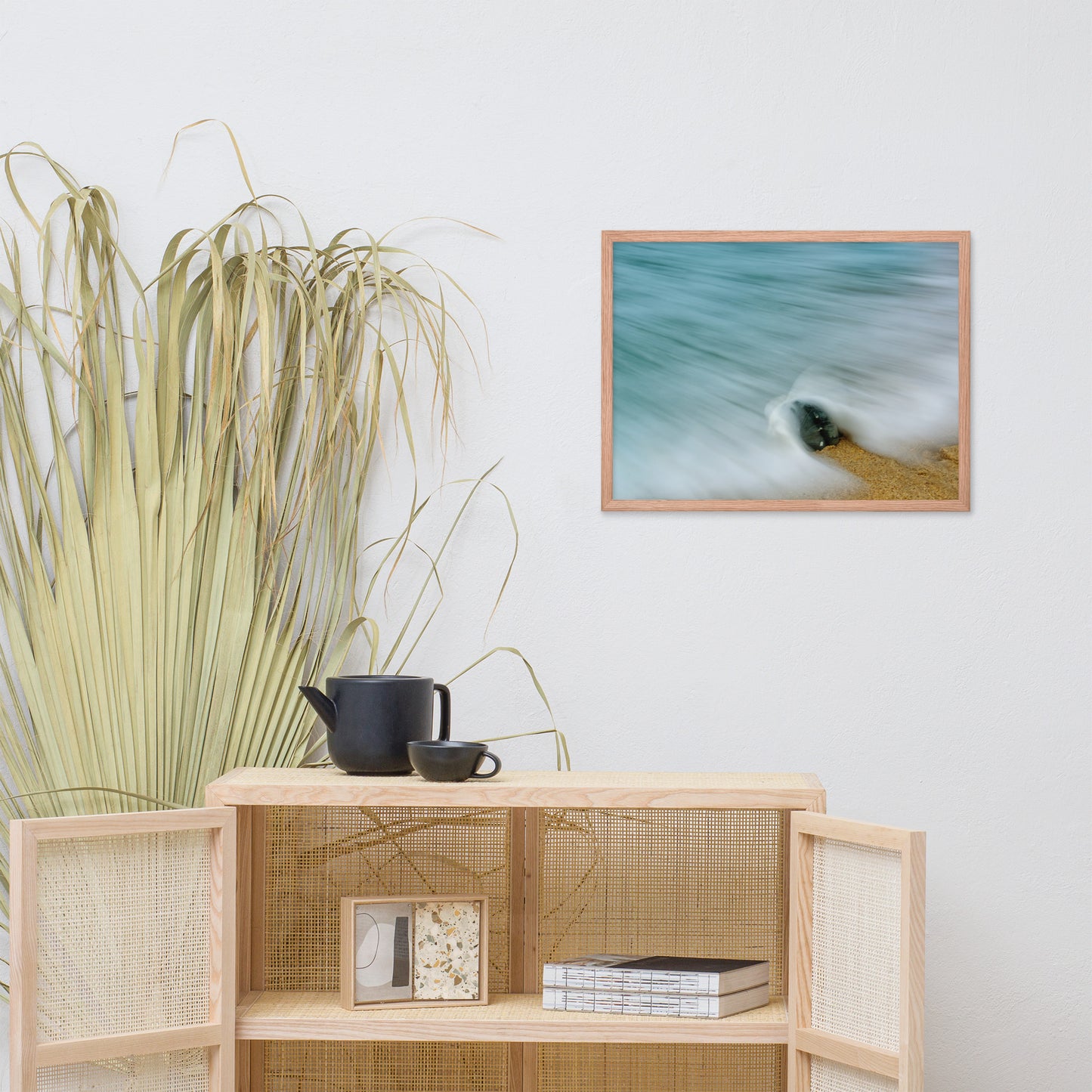 Whelk Seashell and Misty Wave Coastal Nature Photo Framed Wall Art Print