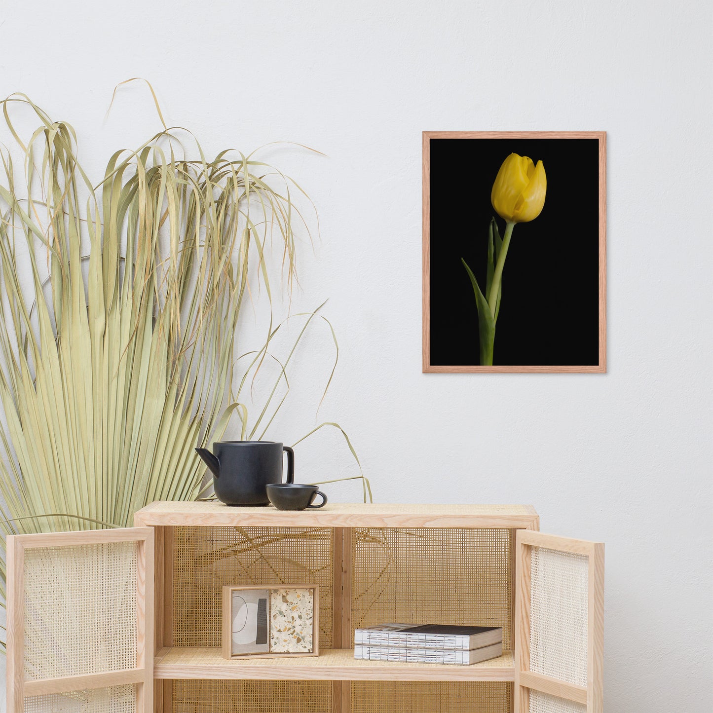 Yellow Tulip on Black Floral Nature Photo Framed Wall Art Print