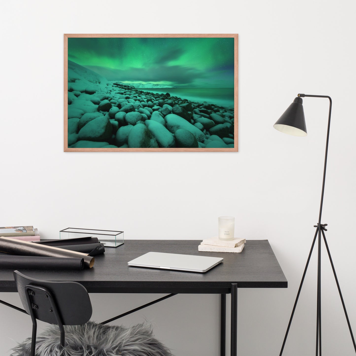 Wall Art For Exercise Room: Aurora Borealis Over Ocean in Teriberka Night - Coastal / Beach / Seascape / Nature / Landscape Photo Framed Wall Art Print - Artwork