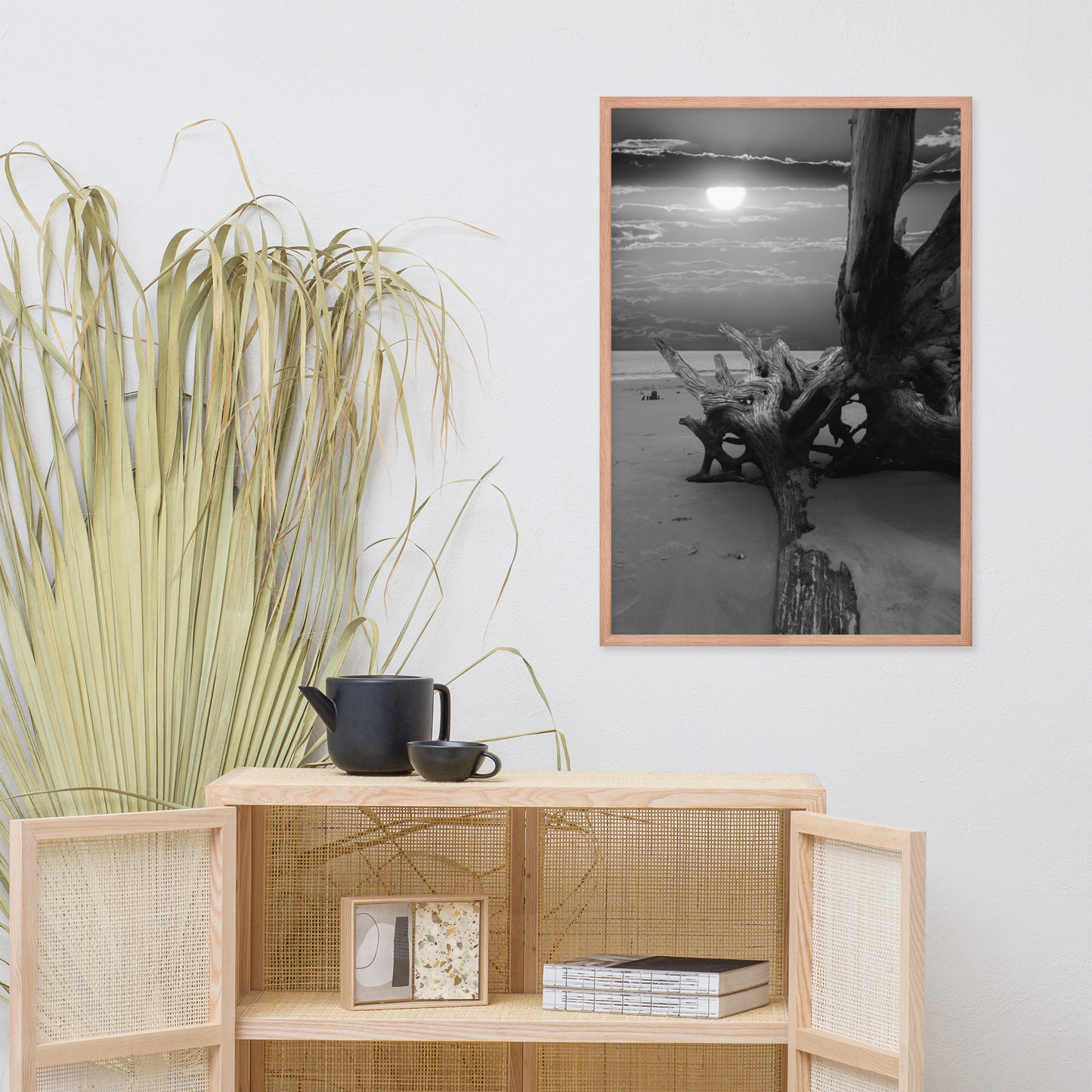 Dried Tree Roots and Sunrise 2 Black and White Landscape Photo Framed Wall Art Print