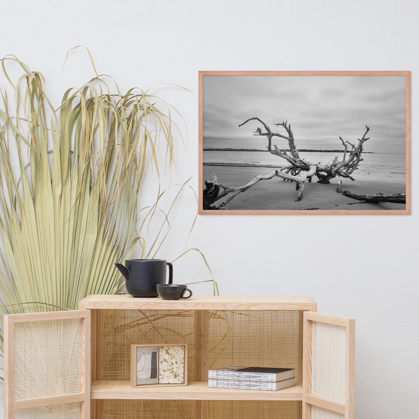 Driftwood on Boneyard Beach Florida 3 Black and White Rustic Coastal Landscape Photo Framed Wall Art Print