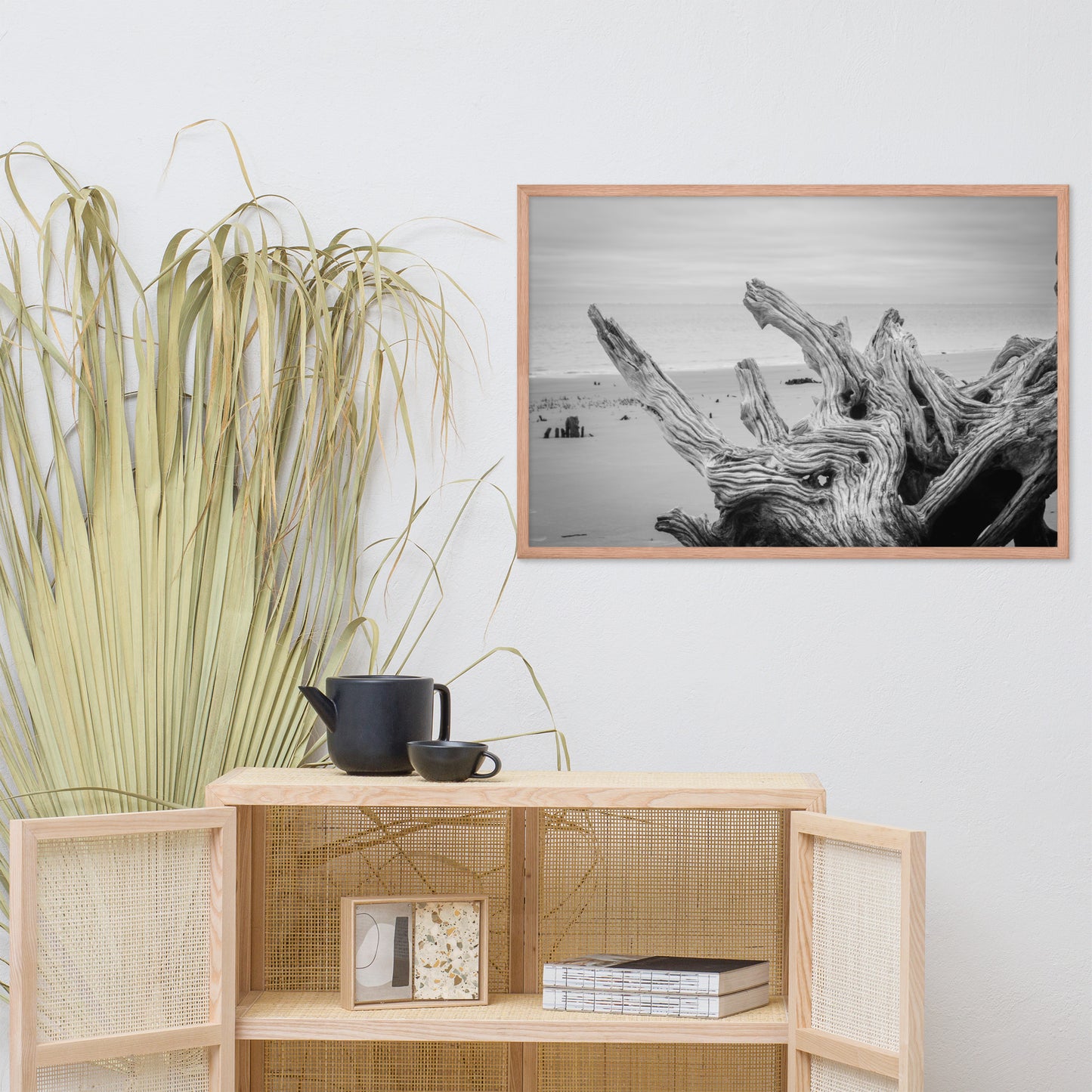 Driftwood on Boneyard Beach Florida 4 Black and White Coastal Landscape Photo Framed Wall Art Print