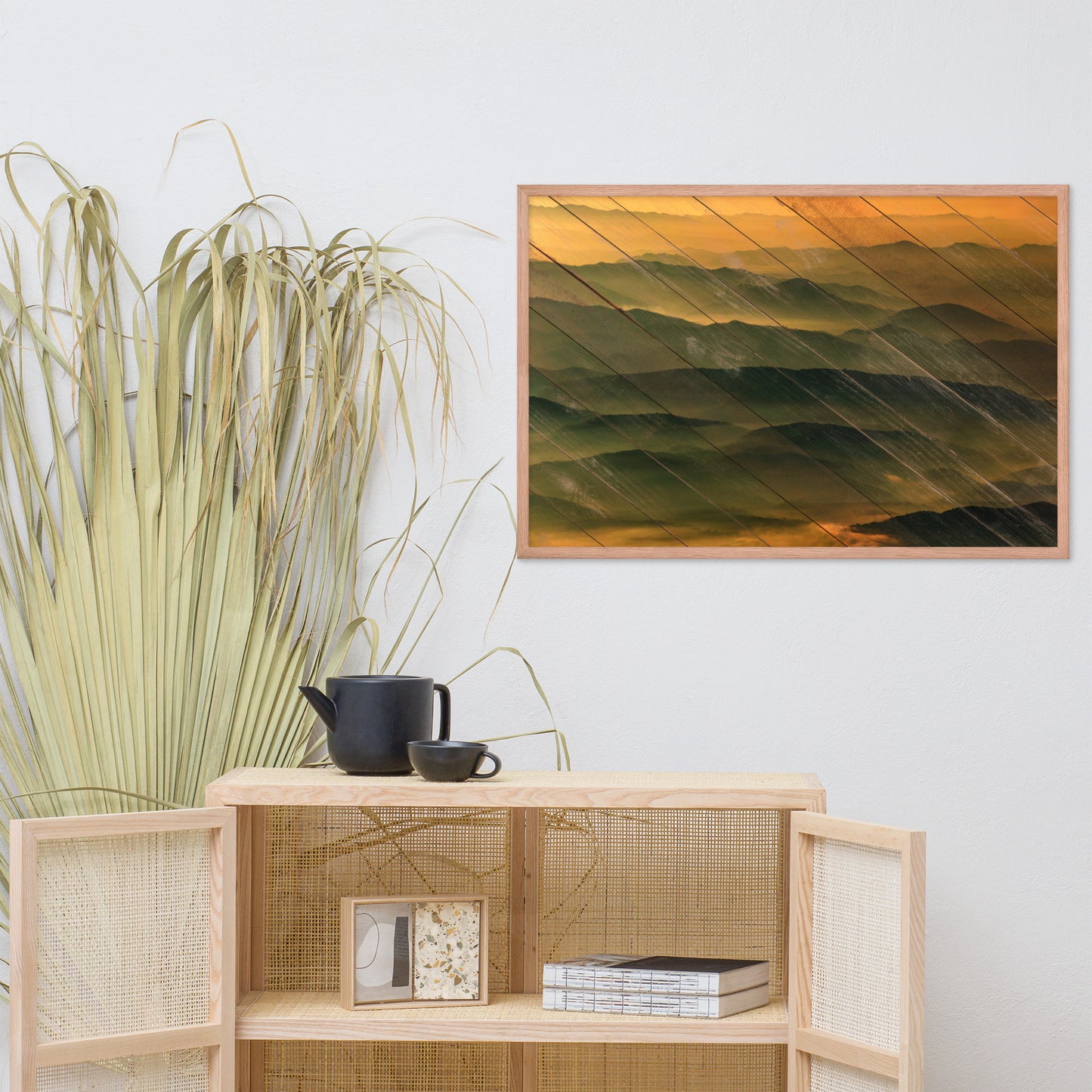Faux Wood Foggy Mountain Layers at Sunset Landscape Framed Photo Paper Wall Art Prints
