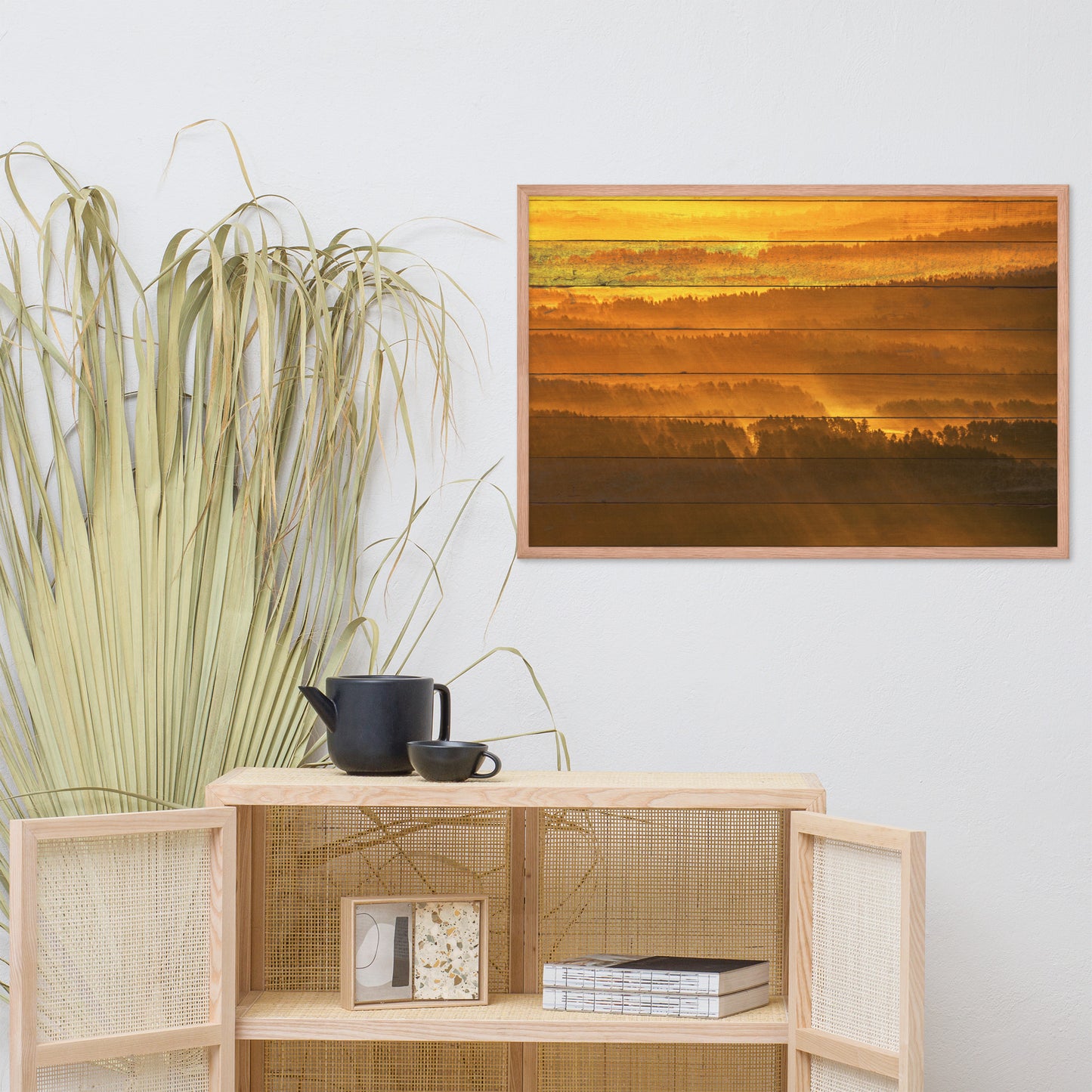 Faux Wood Golden Mist Valley - Hills & Mountain Range Framed Photo Wall Art Prints