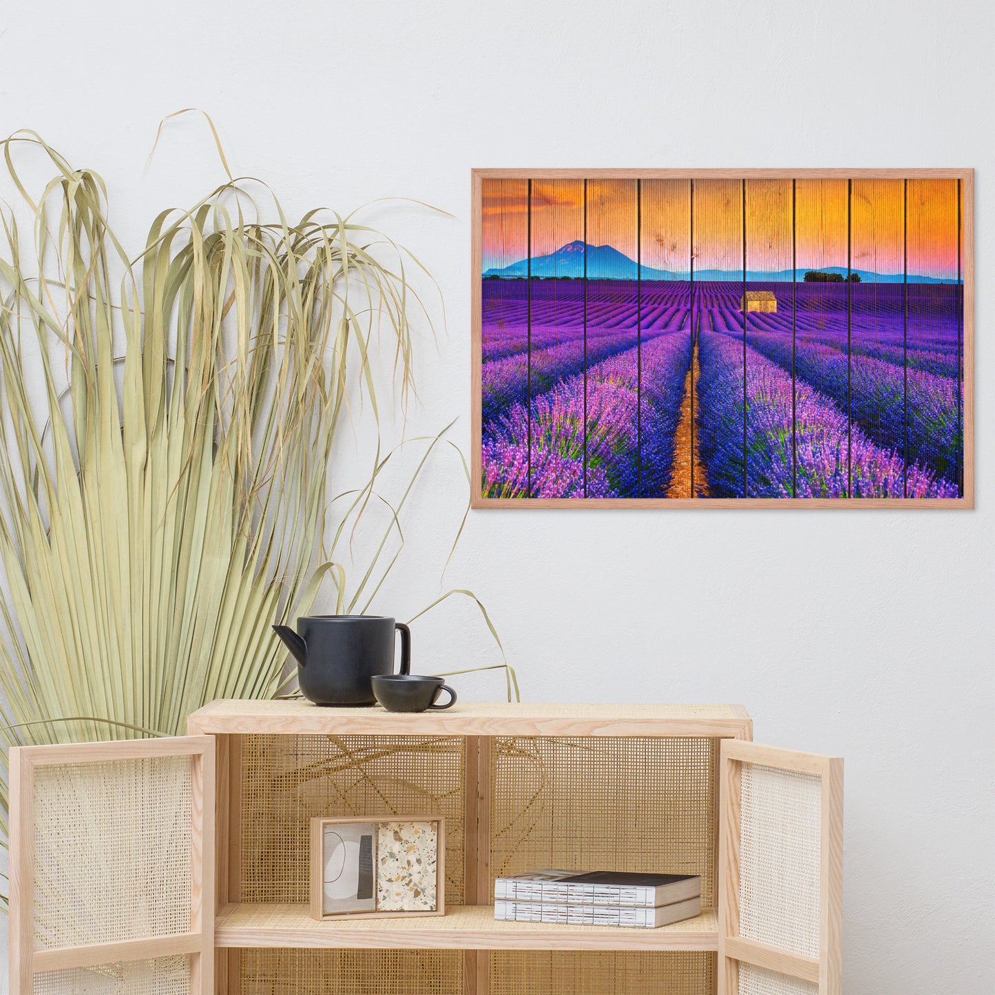 Faux Wood Lavender Fields and Sunset Landscape Framed Photo Paper Wall Art Prints