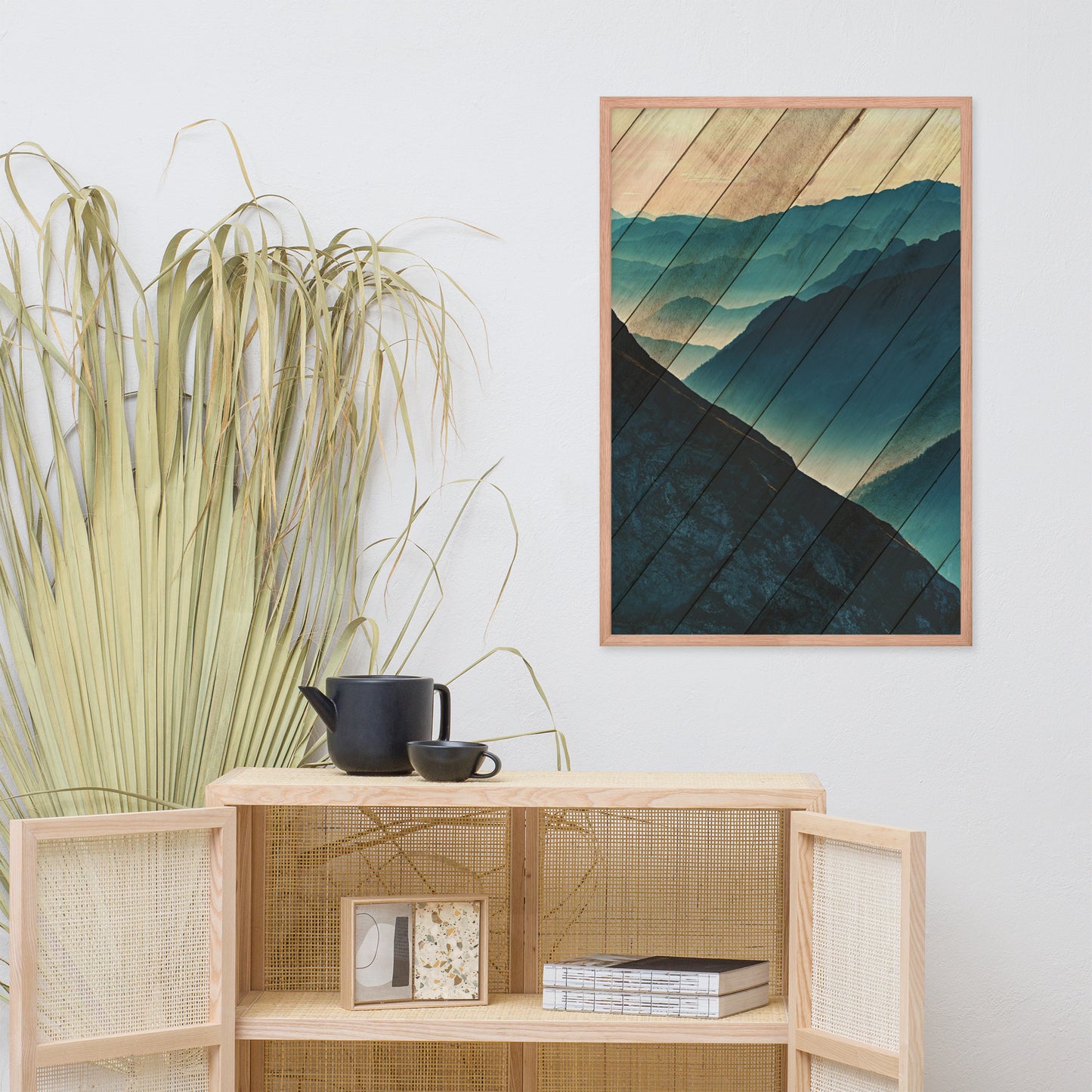 Faux Wood Misty Blue Silhouette Mountain Range Landscape Framed Photo Paper Wall Art Prints