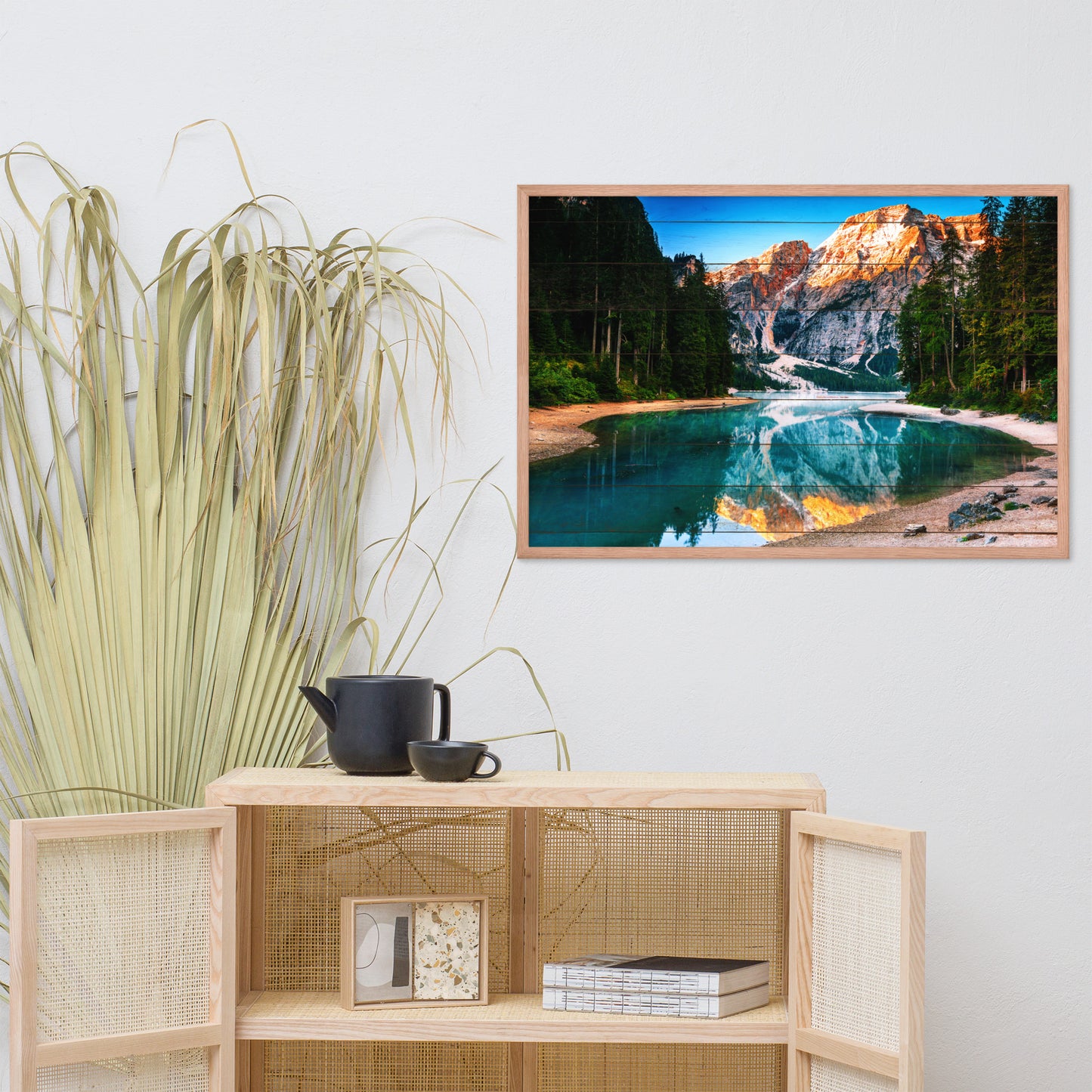 Faux Wood Misty Lake and Snowcap Mountain Reflections Framed Photo Paper Wall Art Prints
